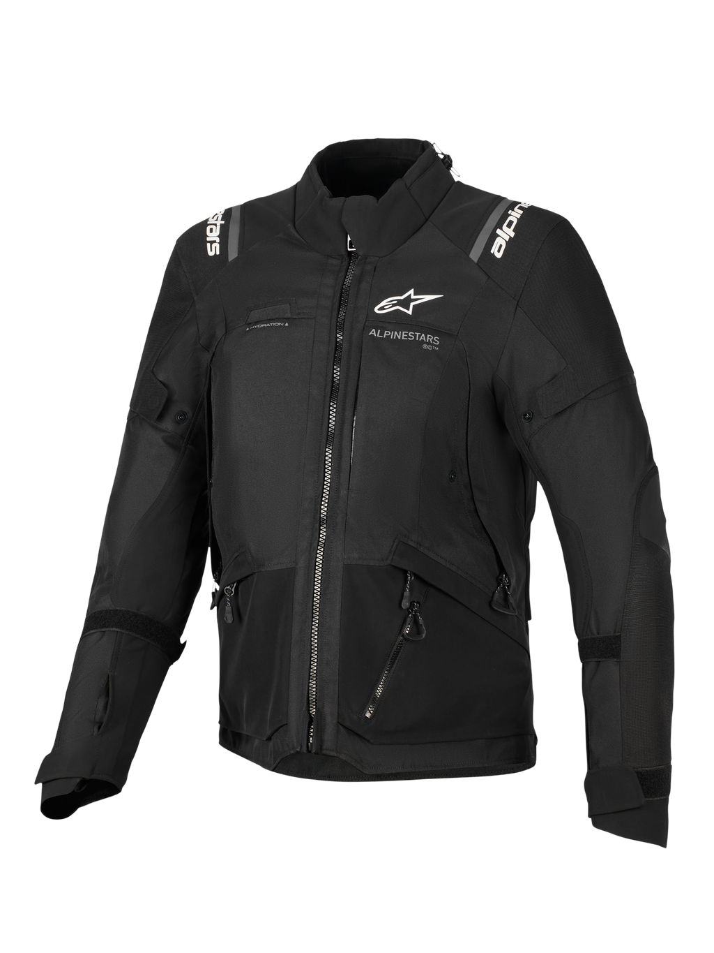 Alpinestars Stella Andes V4 Drystar® Jacket, motorjas voor dames, zwart, vooraanzicht met witte logo's op de borst en schouders, textielontwerp met meerdere panelen, ritsen en reflecterende details, adventure-touring stijl