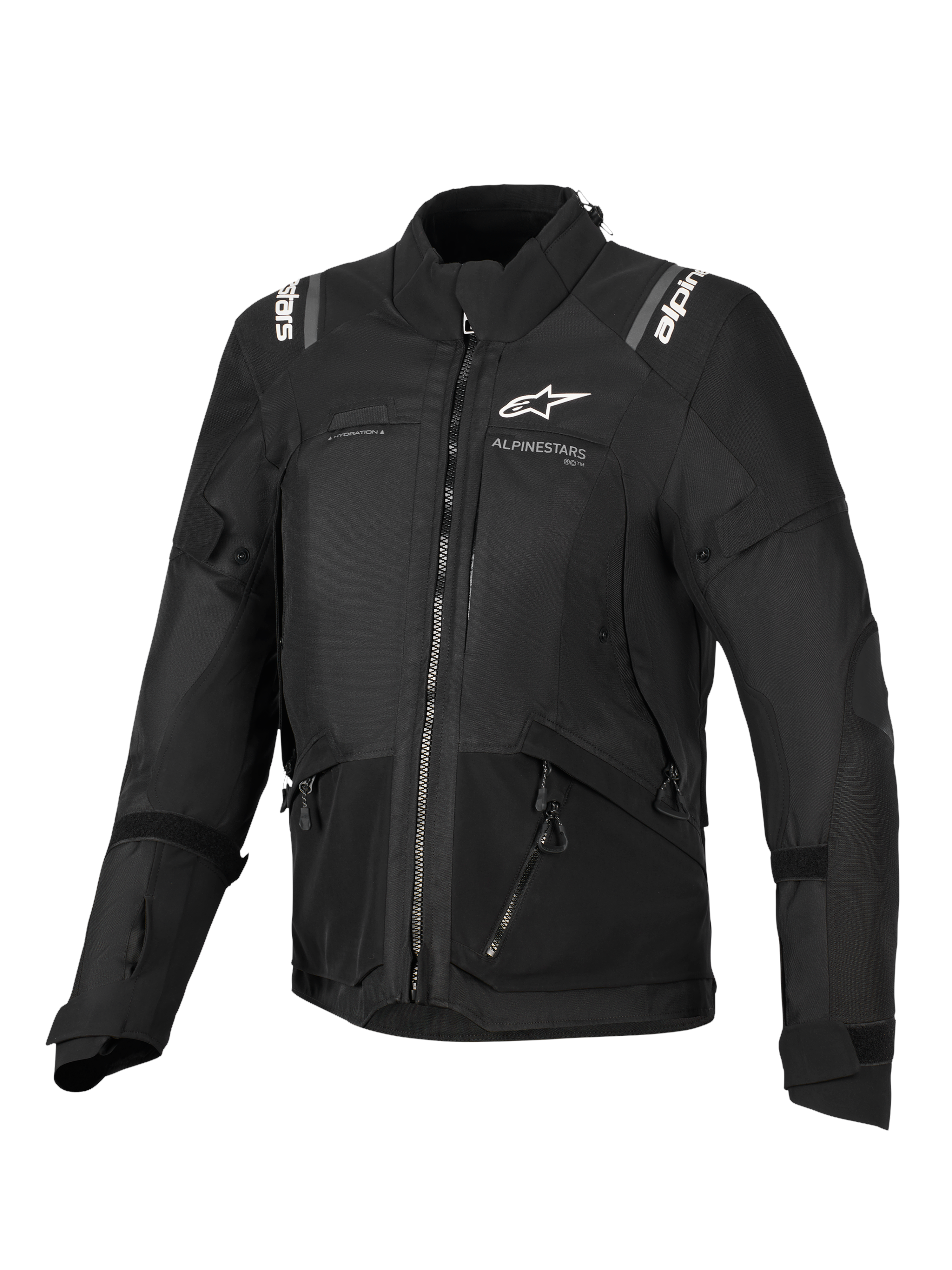 Alpinestars Stella Andes V4 Drystar® Jacket, motorjas voor dames, zwart, vooraanzicht met witte logo's op de borst en schouders, textielontwerp met meerdere panelen, ritsen en reflecterende details, adventure-touring stijl