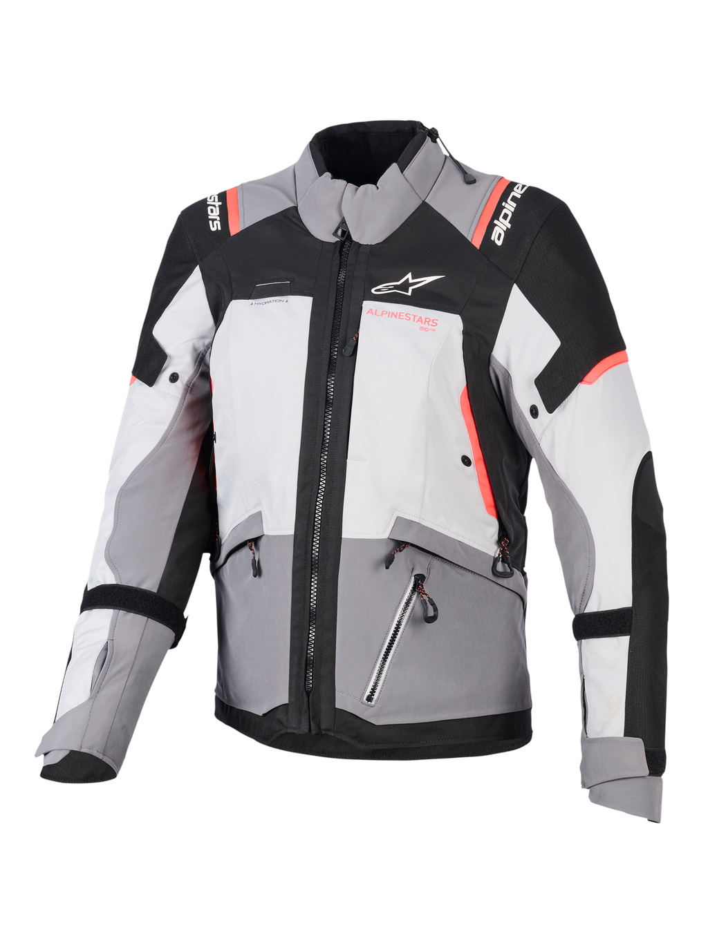 Alpinestars Stella Andes V4 Drystar jas, waterdichte dames adventure-motorjas, grijs en zwart met coral fluo, CE-gecertificeerd.