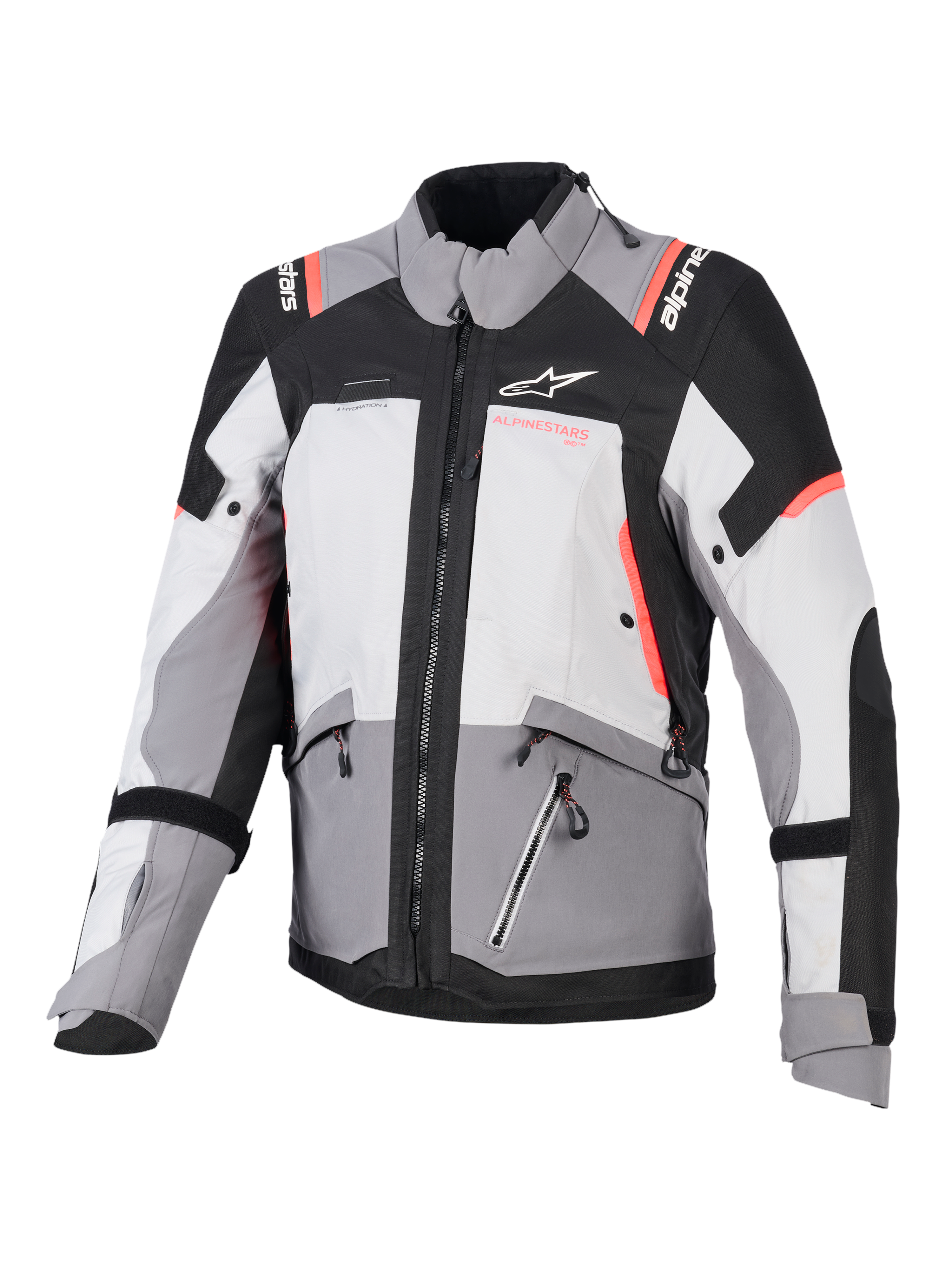 Alpinestars Stella Andes V4 Drystar jas, waterdichte dames adventure-motorjas, grijs en zwart met coral fluo, CE-gecertificeerd.
