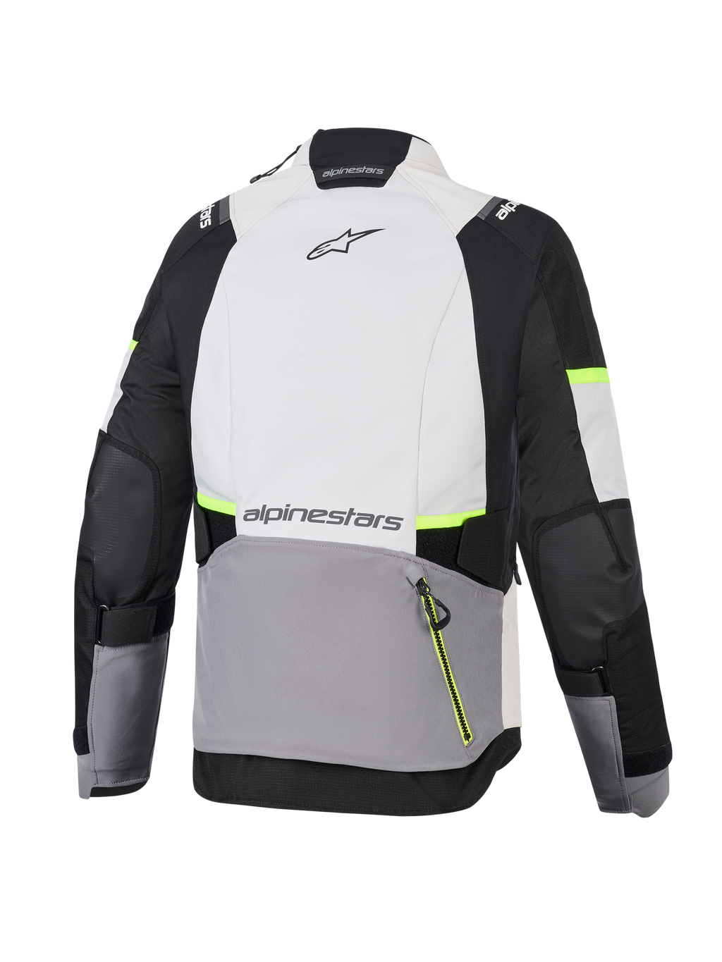 Alpinestars Stella Andes V4 Drystar® jas, adventure motorjas voor dames, Ice Gray, Dark Gray en zwart met Yellow Fluo accenten, achteraanzicht met grote achterzak en Alpinestars-branding