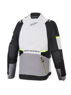 Alpinestars Stella Andes V4 Drystar® jas, adventure motorjas voor dames, Ice Gray, Dark Gray en zwart met Yellow Fluo accenten, achteraanzicht met grote achterzak en Alpinestars-branding
