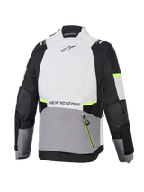 Alpinestars Stella Andes V4 Drystar® Jacket, Women's Adventure Motorcycle Jacket, Ice Gray, Dark Gray, and Black with Yellow Fluo accents, back view showing large rear pocket and Alpinestars branding