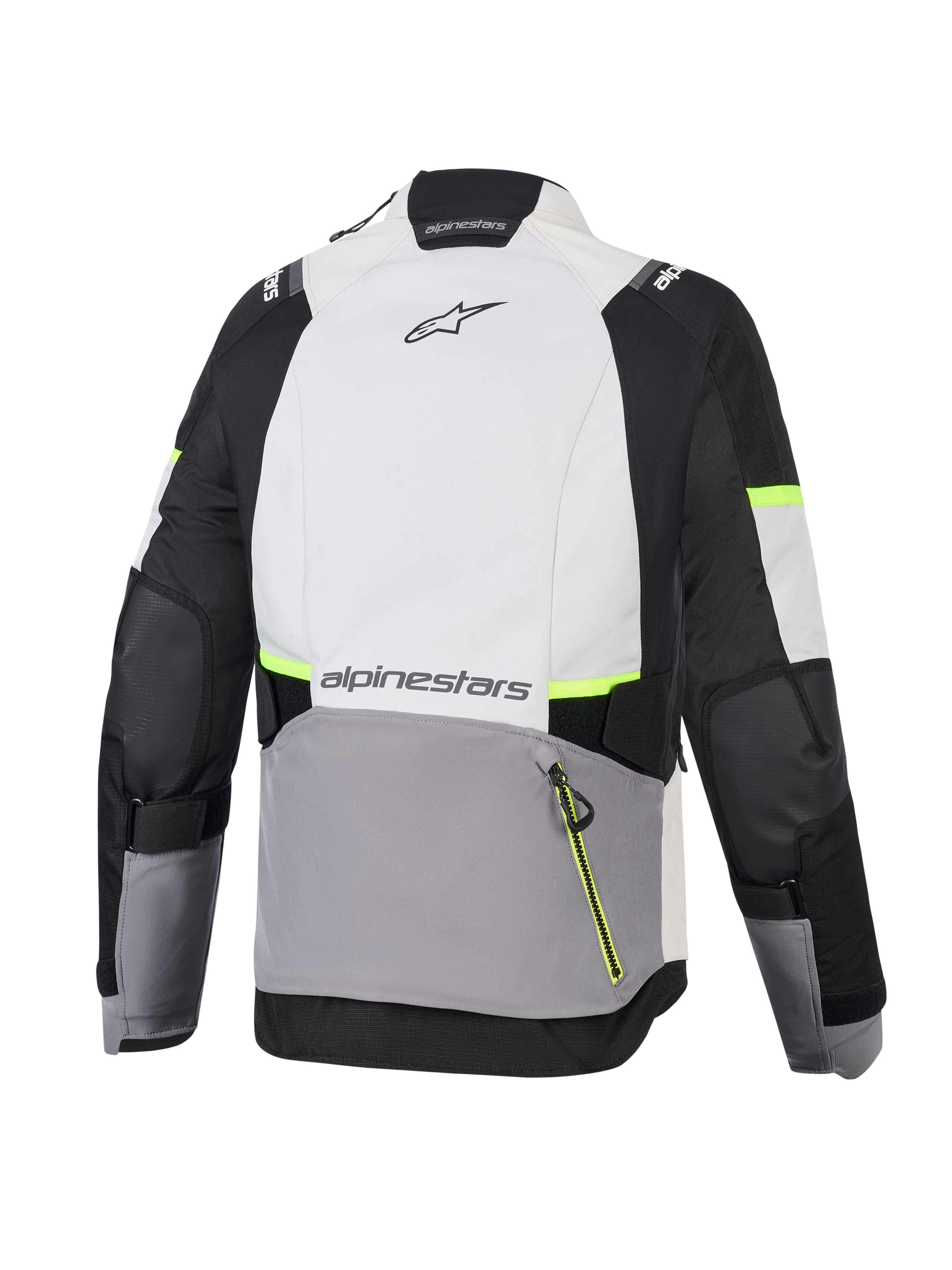Alpinestars Stella Andes V4 Drystar® jas, adventure motorjas voor dames, Ice Gray, Dark Gray en zwart met Yellow Fluo accenten, achteraanzicht met grote achterzak en Alpinestars-branding