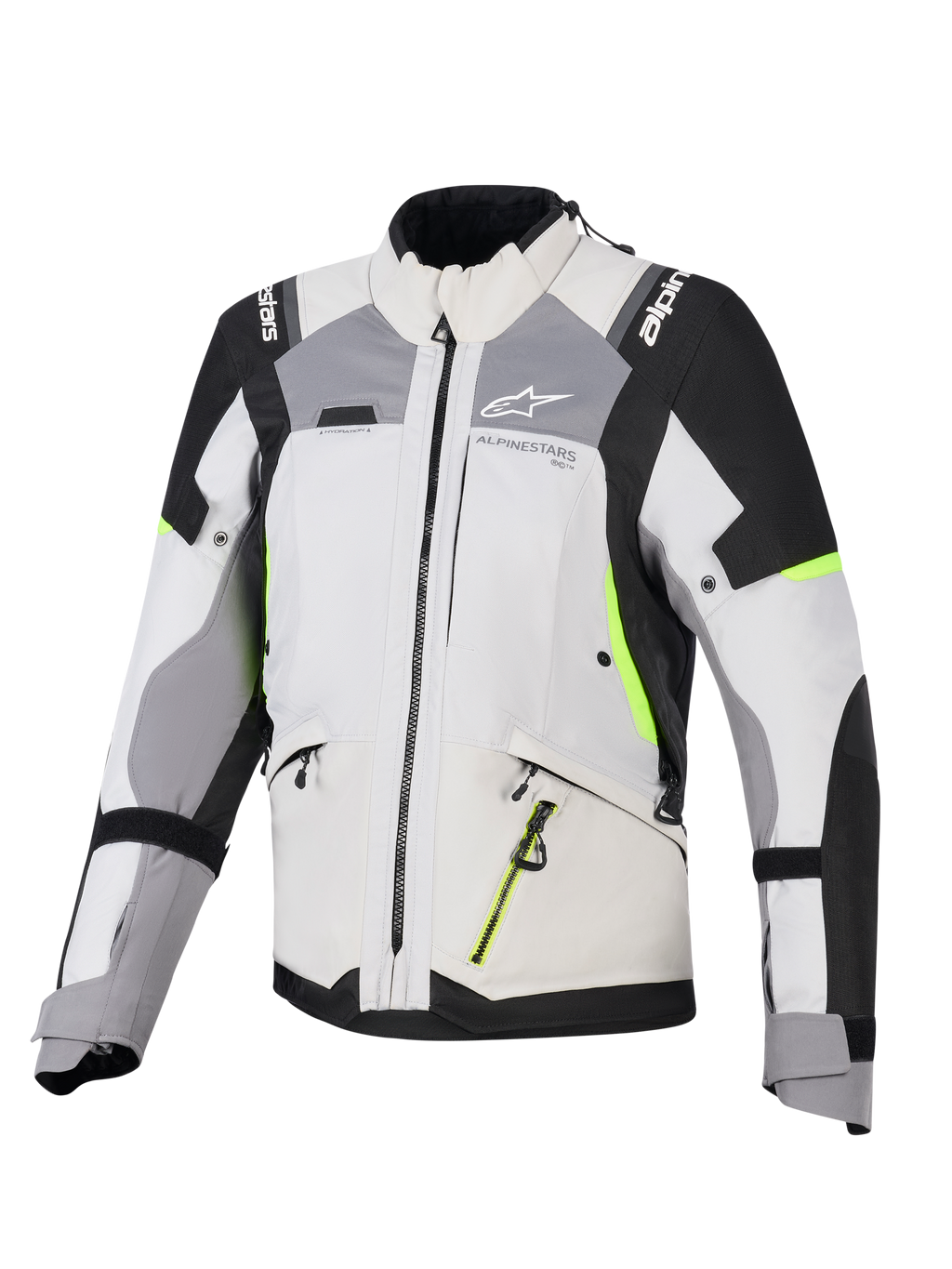 Alpinestars Stella Andes V4 Drystar® damesjas, adventure touring motorjas voor dames, ijsgrijs en donkergrijs met zwarte en neongele accenten, duurzame textielconstructie met waterdichte ritsen en Alpinestars-branding, vooraanzicht
