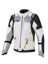 Alpinestars Woman Stella Andes V4 Drystar® Jacket, Women's Adventure Touring Jacket, Ice Gray and Dark Gray with Black and Yellow Fluo accents, durable textile construction with waterproof zippers and Alpinestars branding, front view