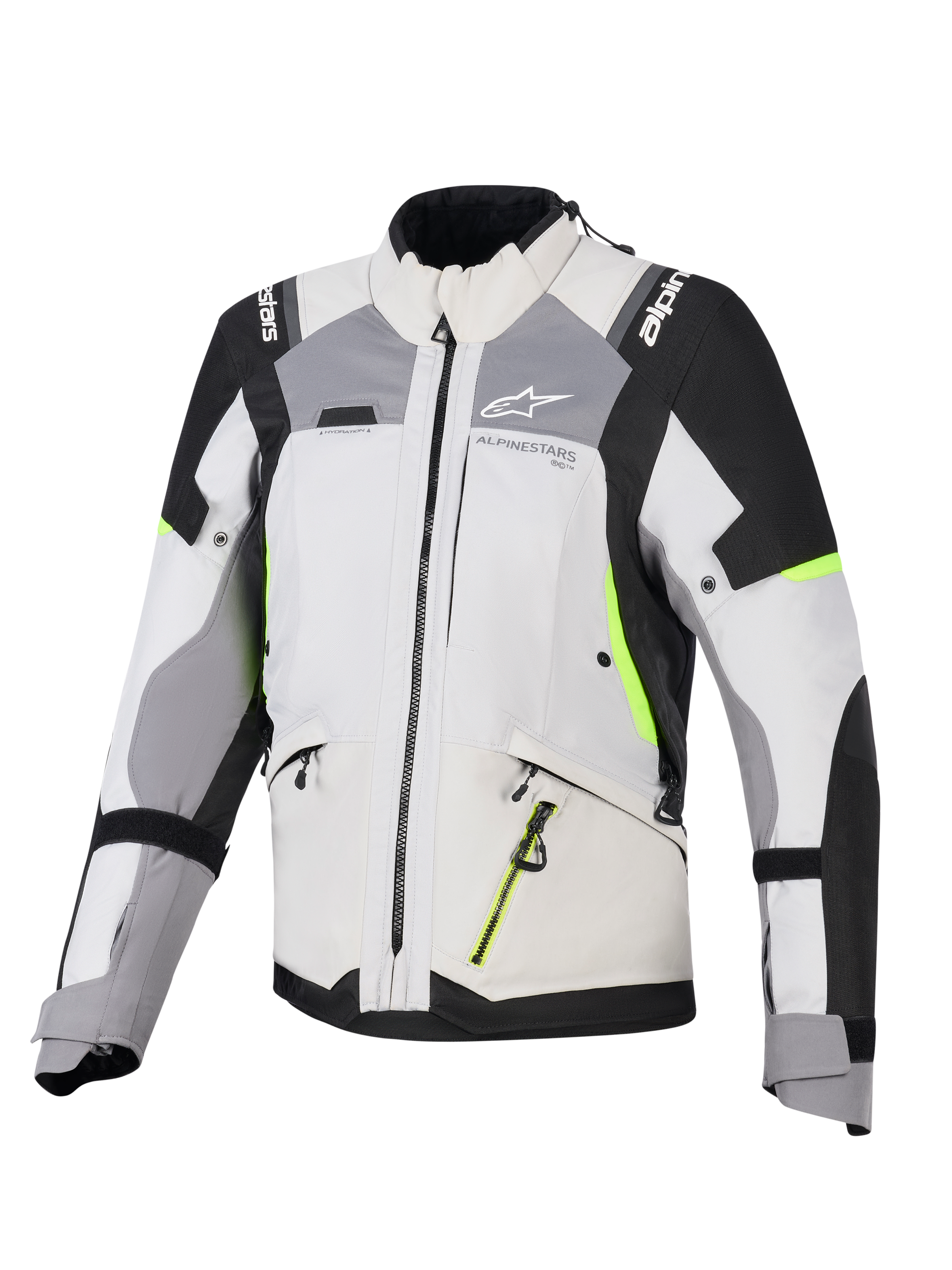 Alpinestars Stella Andes V4 Drystar® damesjas, adventure touring motorjas voor dames, ijsgrijs en donkergrijs met zwarte en neongele accenten, duurzame textielconstructie met waterdichte ritsen en Alpinestars-branding, vooraanzicht