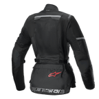 Alpinestars Stella Andes Air Drystar jas, dames touring motorjas, achteraanzicht, zwart, voorzien van uitgebreide mesh-panelen, ripstop-verstevigingen en een opbergzak op de onderrug met een rood logo