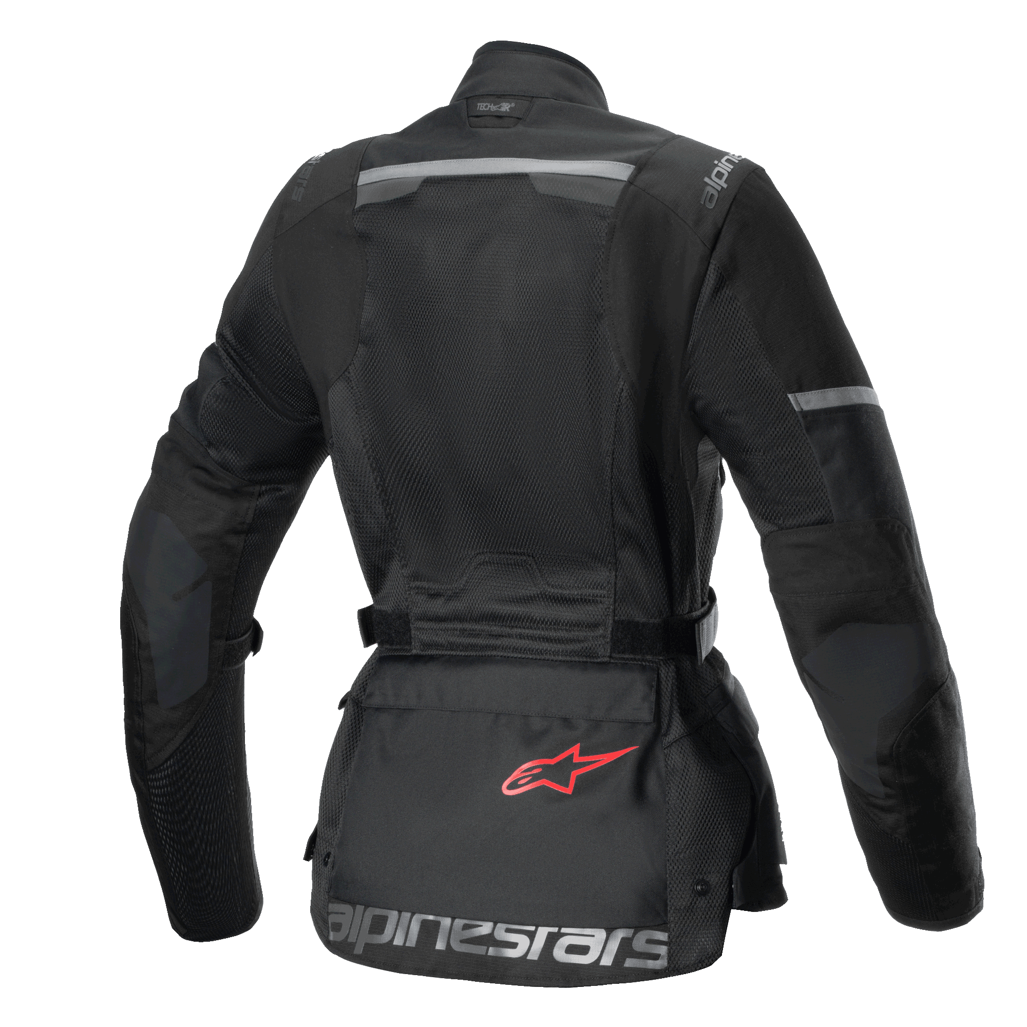 Alpinestars Stella Andes Air Drystar jas, dames touring motorjas, achteraanzicht, zwart, voorzien van uitgebreide mesh-panelen, ripstop-verstevigingen en een opbergzak op de onderrug met een rood logo