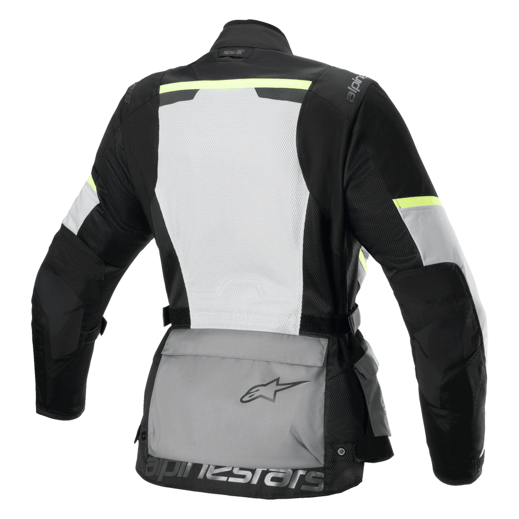 Alpinestars Stella Andes Air Drystar® Jas, dames touring-motorjas, achteraanzicht, Ice Gray, donkergrijs en zwart, voorzien van een groot wit mesh rugpaneel, grijze opbergzak op de rug met logo, gele hi-viz accenten en een textielconstructie voor luchtstroom en bescherming.