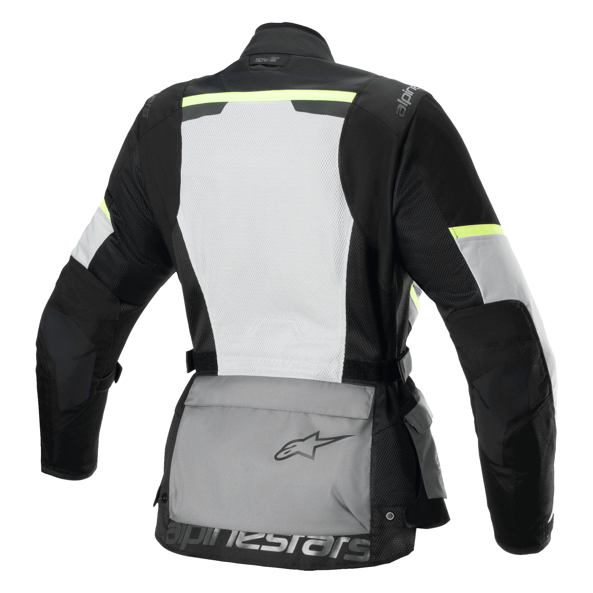 Alpinestars Stella Andes Air Drystar® Jas, dames touring-motorjas, achteraanzicht, Ice Gray, donkergrijs en zwart, voorzien van een groot wit mesh rugpaneel, grijze opbergzak op de rug met logo, gele hi-viz accenten en een textielconstructie voor luchtstroom en bescherming.