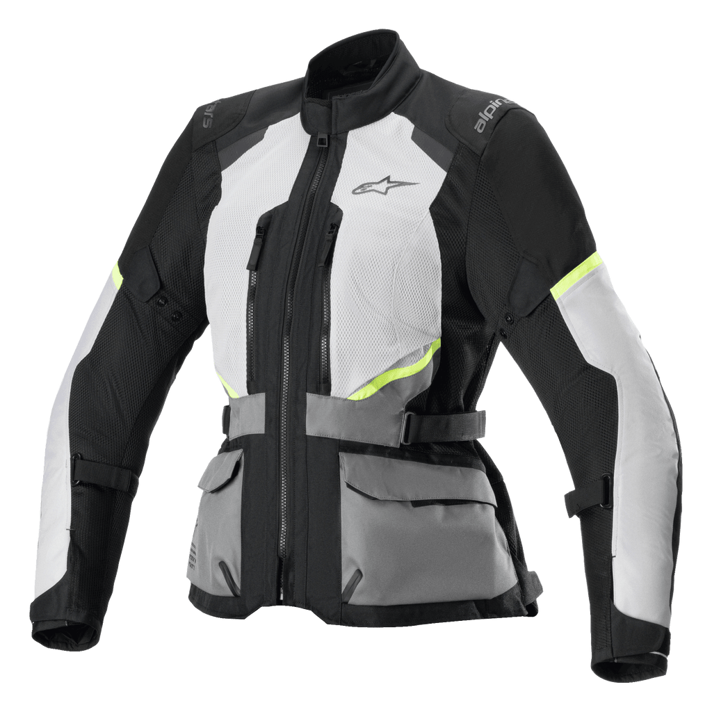 Alpinestars Stella Andes Air Drystar jas, dames touring motorjas, ijsgrijs en donkergrijs met zwarte en neongele accenten, uitgebreide mesh ventilatiepanelen, praktische zakken aan de voorkant, verstelbare taillebanden, technisch touring design