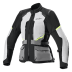 Alpinestars Stella Andes Air Drystar jas, dames touring motorjas, ijsgrijs en donkergrijs met zwarte en neongele accenten, uitgebreide mesh ventilatiepanelen, praktische zakken aan de voorkant, verstelbare taillebanden, technisch touring design