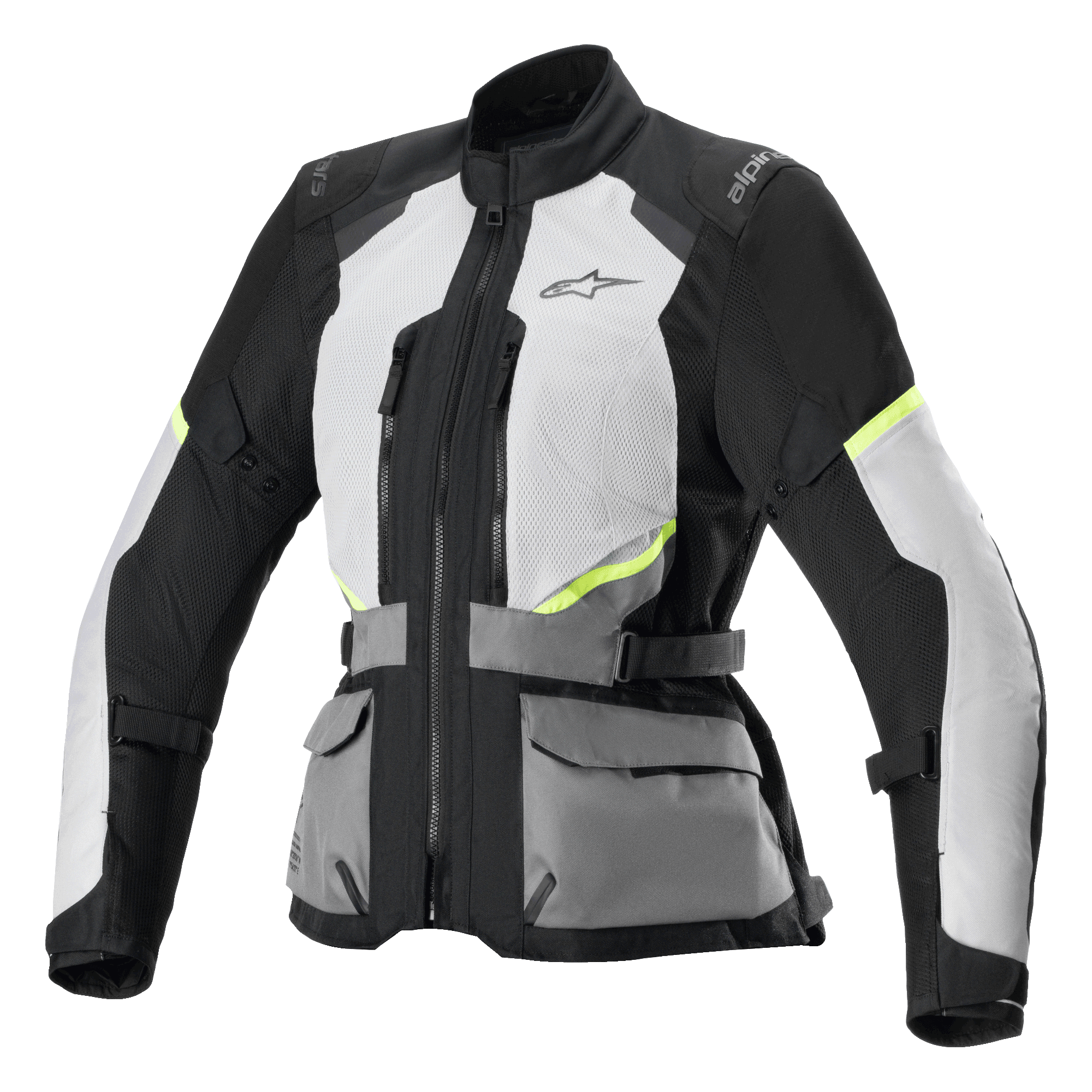 Alpinestars Stella Andes Air Drystar jas, dames touring motorjas, ijsgrijs en donkergrijs met zwarte en neongele accenten, uitgebreide mesh ventilatiepanelen, praktische zakken aan de voorkant, verstelbare taillebanden, technisch touring design