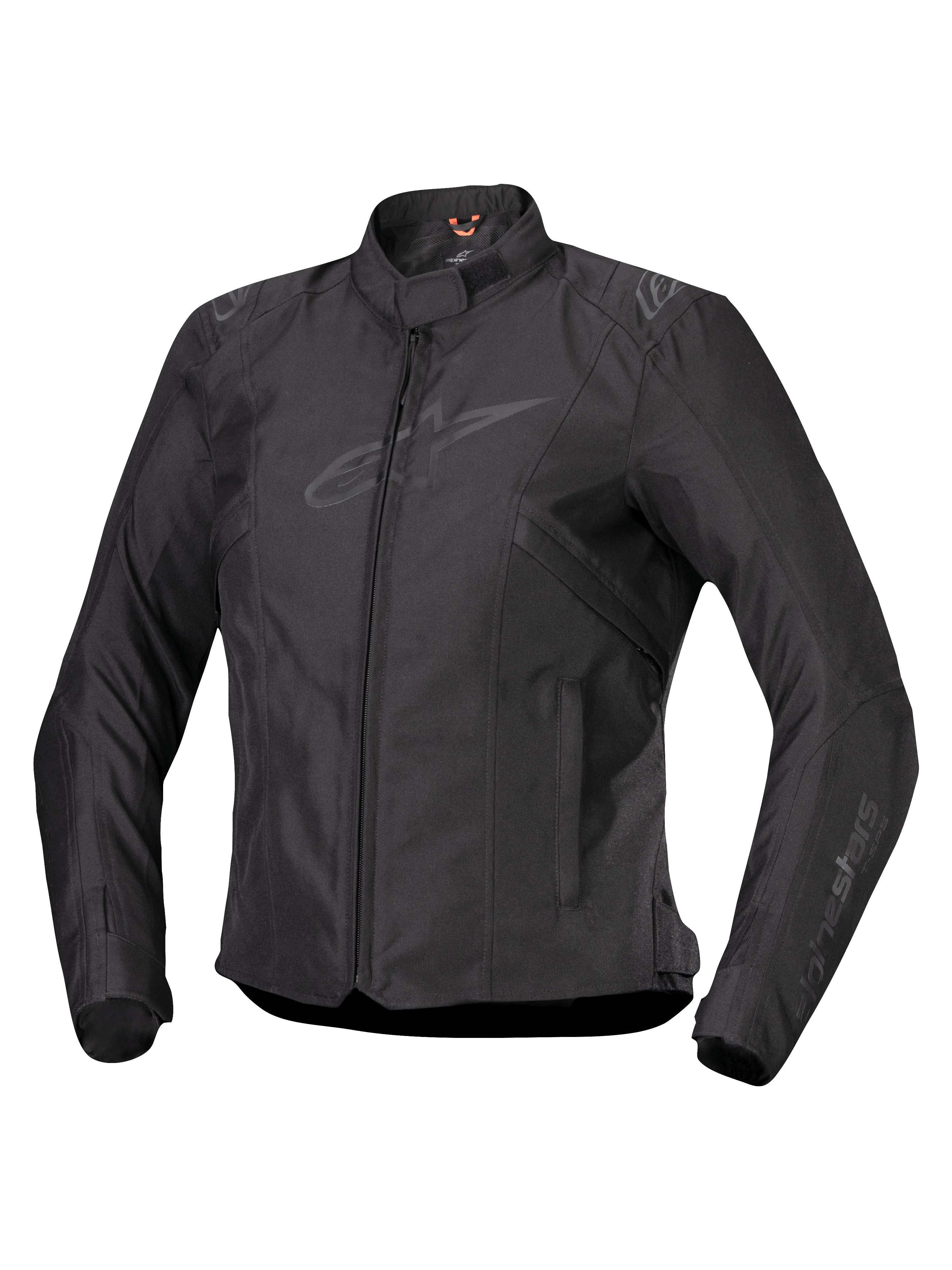 Alpinestars Stella T-SPS V2 Waterproof Jacket, Women's Motorcycle Jacket, Black, front zipper closure, low profile collar, subtle logos on chest and sleeves, durable textile fabric with a fitted sport silhouette, professional riding gear