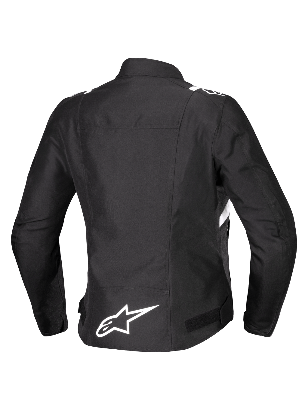 Alpinestars Stella T-SPS V2 Waterproof Jacket, Back View, Women's Textile Motorcycle Jacket, Black with white accents, featuring white Alpinestars star logo on lower back and sporty race-derived silhouette