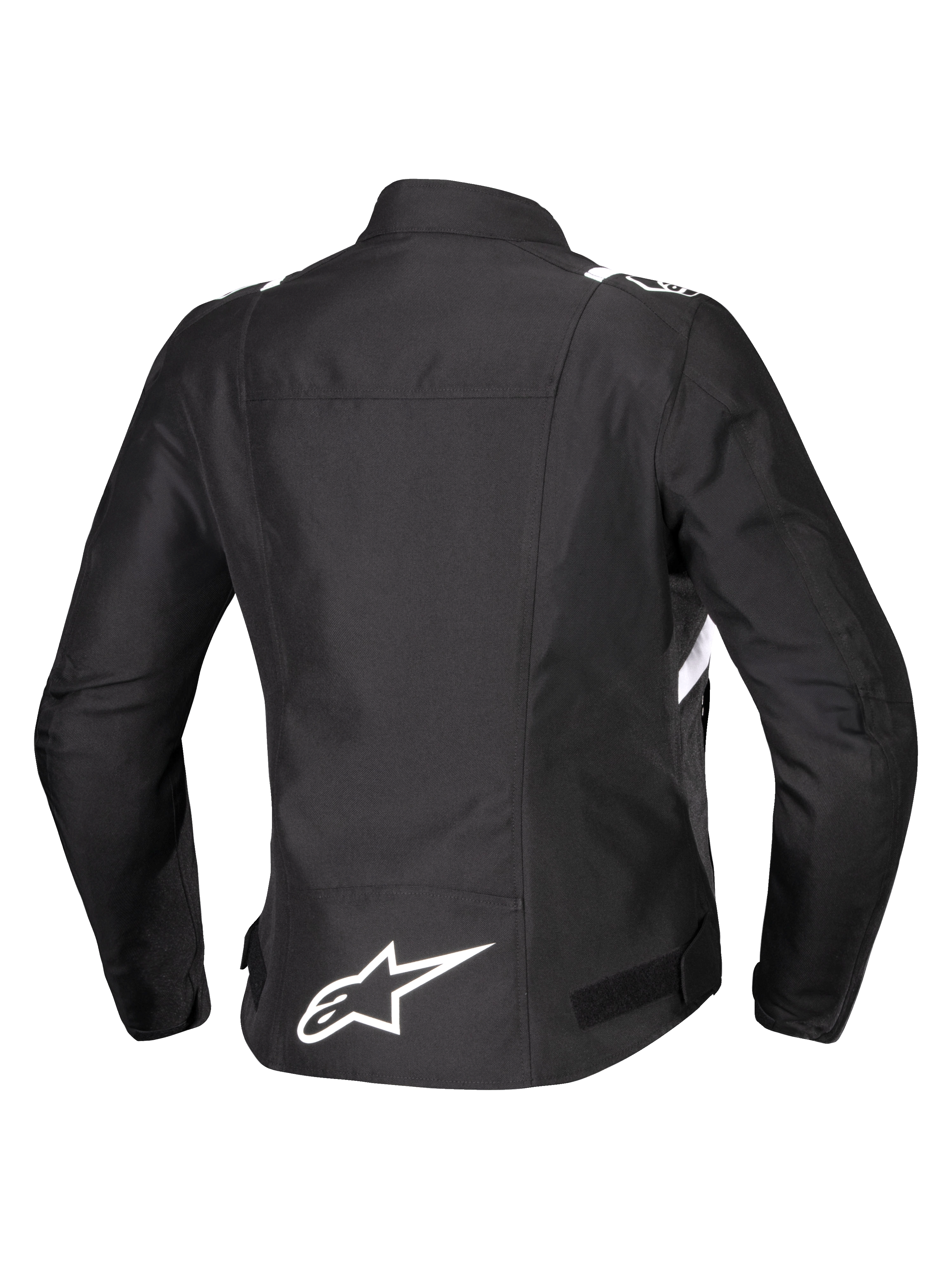 Alpinestars Stella T-SPS V2 Waterproof Jacket, Back View, Women's Textile Motorcycle Jacket, Black with white accents, featuring white Alpinestars star logo on lower back and sporty race-derived silhouette