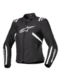 Alpinestars Stella T-SPS V2 Waterproof Jacket, Women's Motorcycle Jacket, Black and White, featuring a large white star logo on the chest, white stripes on the shoulders and sleeves, sleek racing-inspired silhouette, high collar, and durable textile fabric