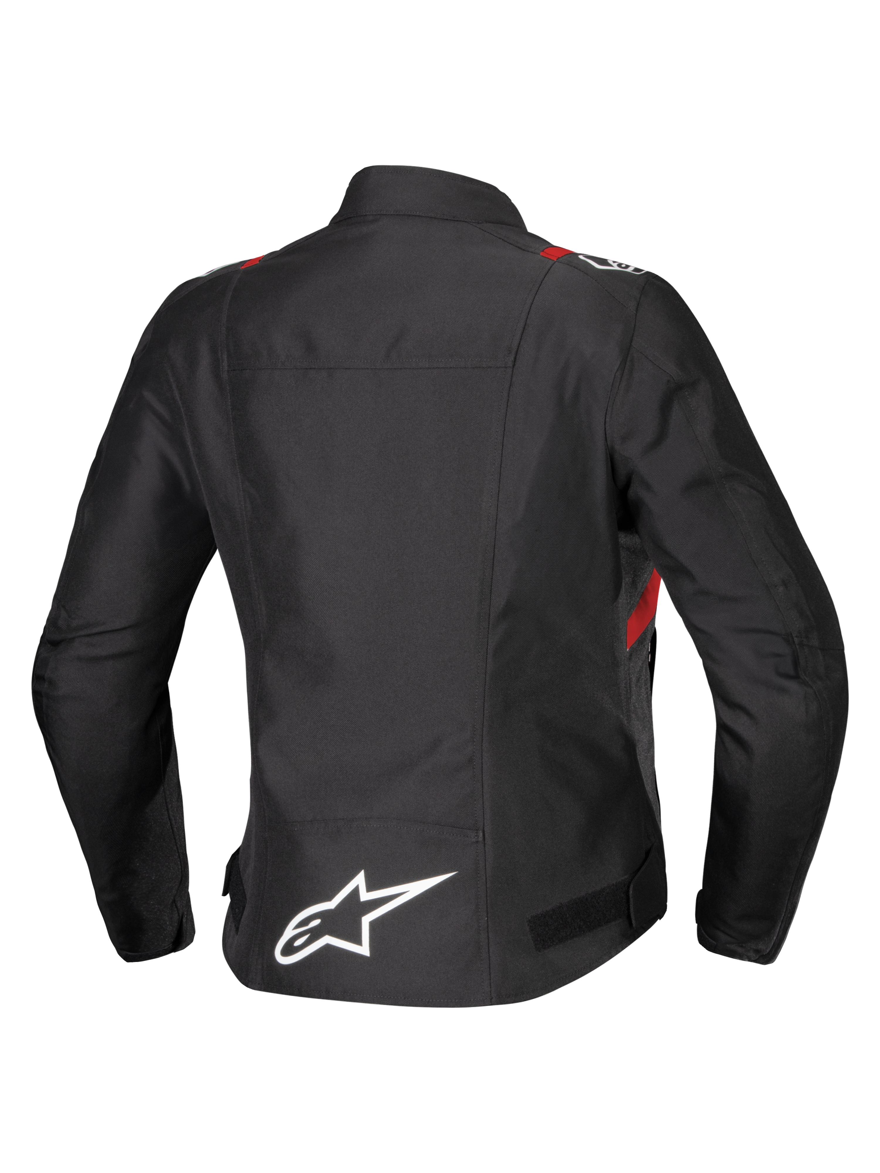 Alpinestars Stella T-SPS V2 Waterproof Jacket, Rear View, Black with Red and White Accents, Women's textile motorcycle jacket featuring a large white Alpinestars logo on the lower back and sporty silhouette