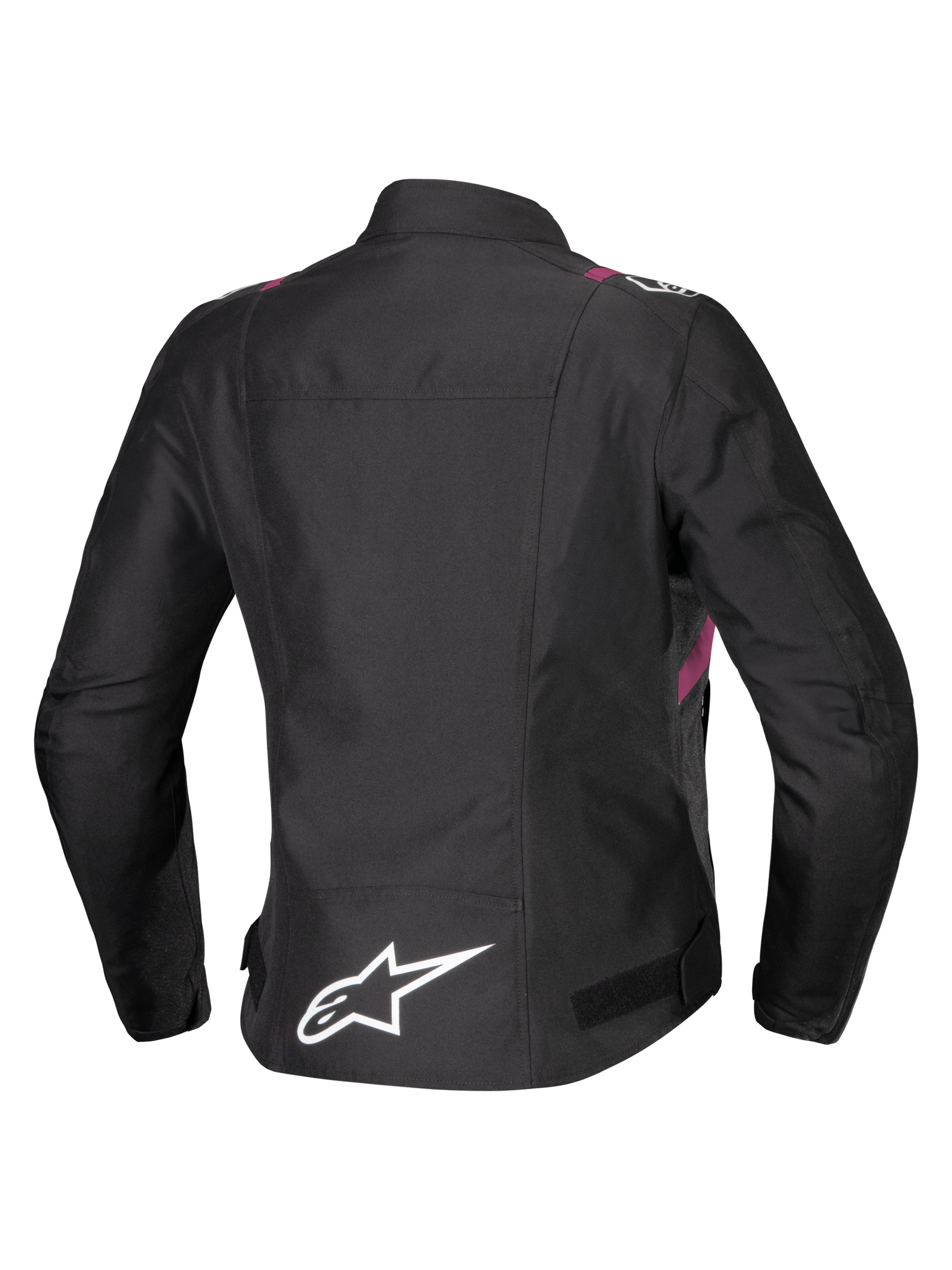 Alpinestars Stella T-SPS V2 Waterproof Jacket, Women's Motorcycle Jacket, Black with White and Diva Pink accents, Rear view showing white star logo on lower back, sport-inspired silhouette with durable textile finish