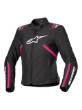 Alpinestars Stella T-SPS V2 Waterproof Jacket, Women's Textile Motorcycle Jacket, Black with Diva Pink and White accents, features large white Alpinestars logo on chest, pink stripes on torso and sleeves, white branding on forearms, sporty fitted design for all-weather riding