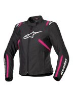 Alpinestars Stella T-SPS V2 Waterproof Jacket, Women's Textile Motorcycle Jacket, Black with Diva Pink and White accents, features large white Alpinestars logo on chest, pink stripes on torso and sleeves, white branding on forearms, sporty fitted design for all-weather riding