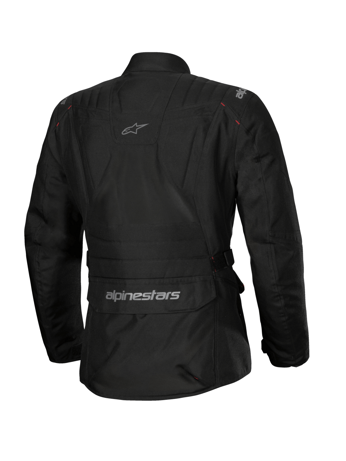 Alpinestars Stella ST-1 Waterproof jas, dames motorjas, zwart, achteraanzicht met een grote cargozak op de onderrug met logo, adventure touring-ontwerp met subtiele branding op de bovenrug, duurzame waterdichte textielconstructie.