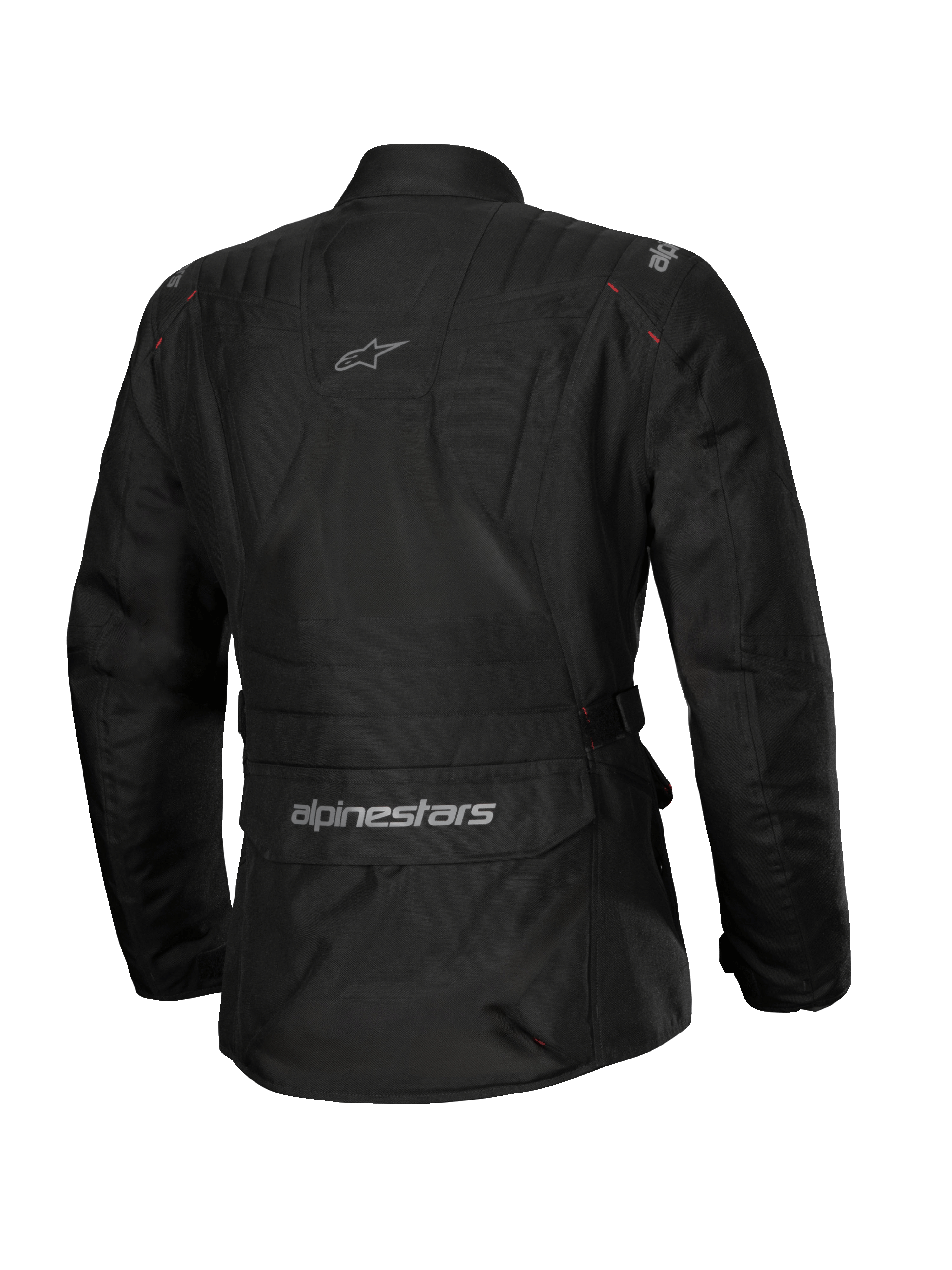 Alpinestars Stella ST-1 Waterproof jas, dames motorjas, zwart, achteraanzicht met een grote cargozak op de onderrug met logo, adventure touring-ontwerp met subtiele branding op de bovenrug, duurzame waterdichte textielconstructie.