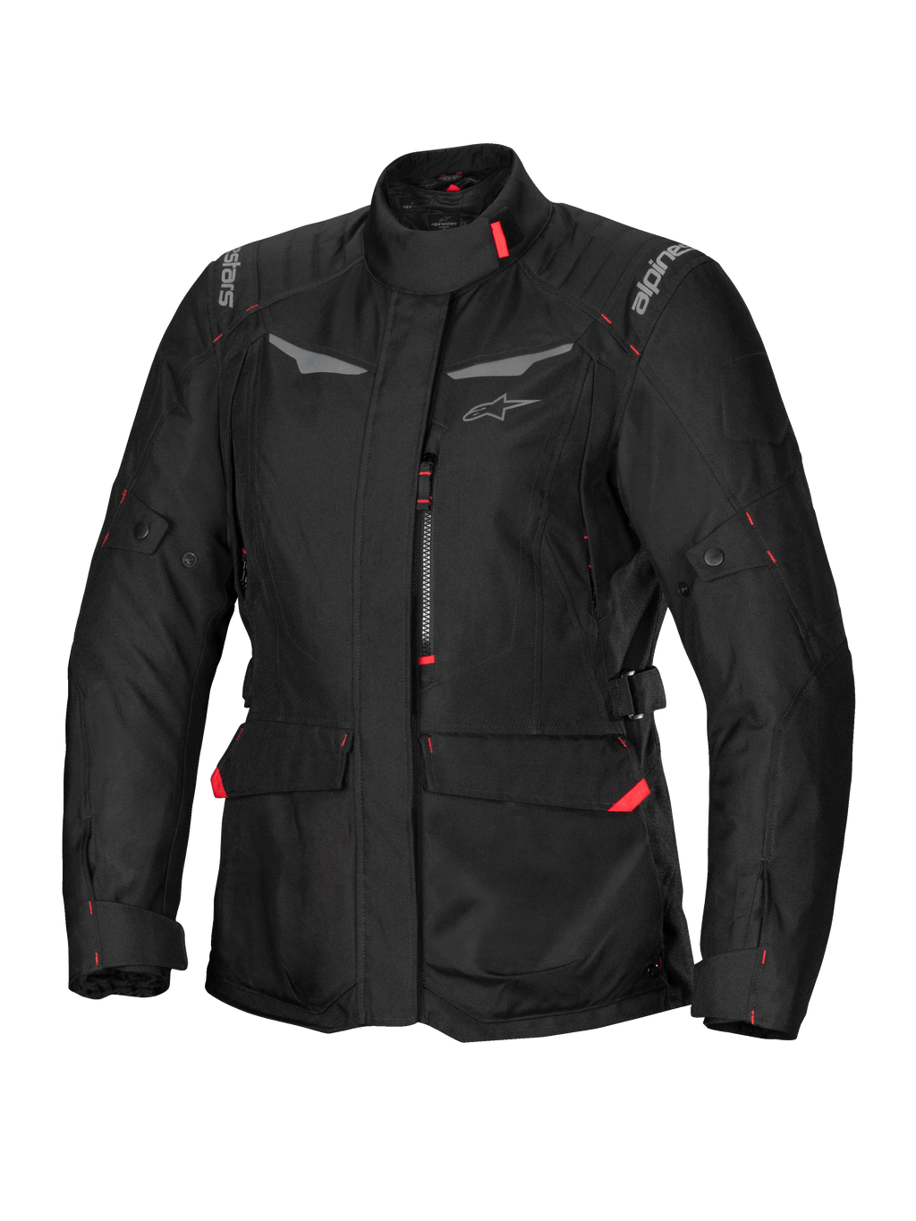 Alpinestars Stella ST-1 Waterproof Jacket, dames motorjas, zwart met rode accenten, hoge kraag, ritssluiting aan de voorzijde, grote cargozakken in de taille, verstelbare taille- en manchetbanden, weerbestendige constructie