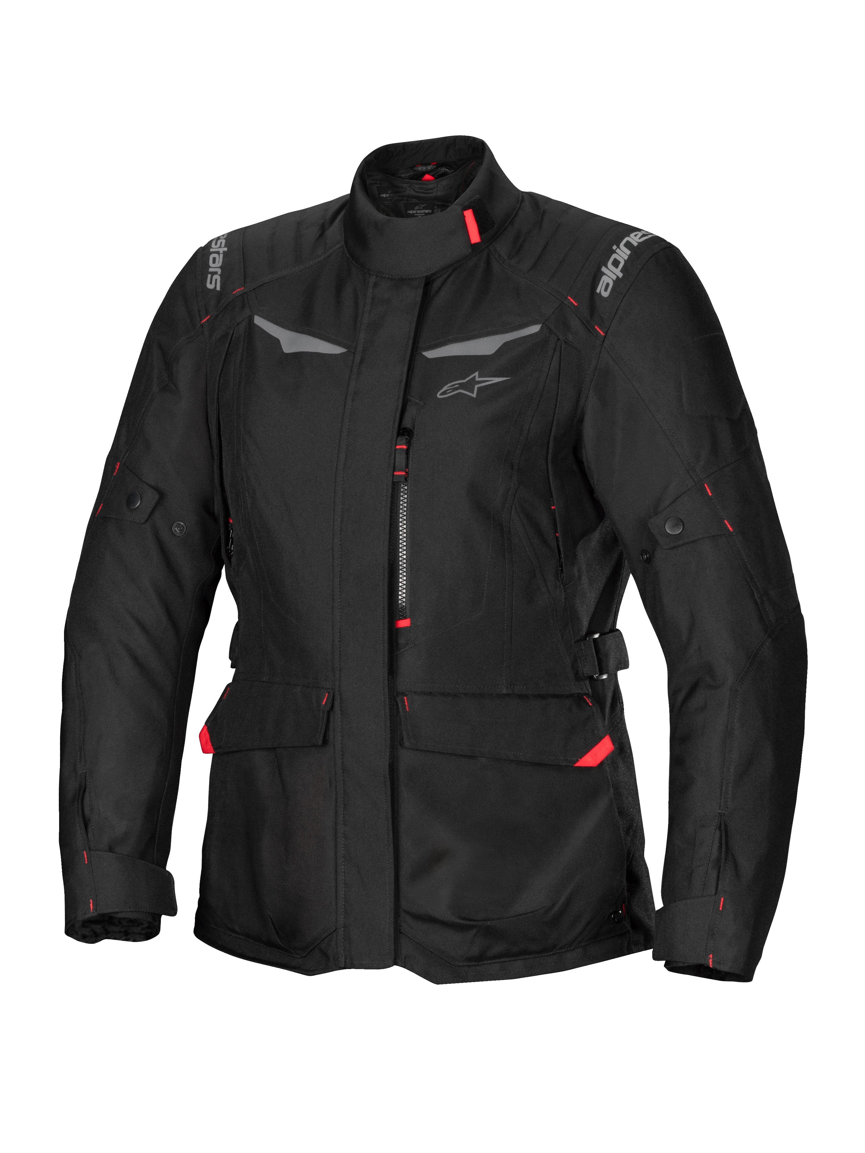Alpinestars Stella ST-1 Waterproof Jacket, dames motorjas, zwart met rode accenten, hoge kraag, ritssluiting aan de voorzijde, grote cargozakken in de taille, verstelbare taille- en manchetbanden, weerbestendige constructie
