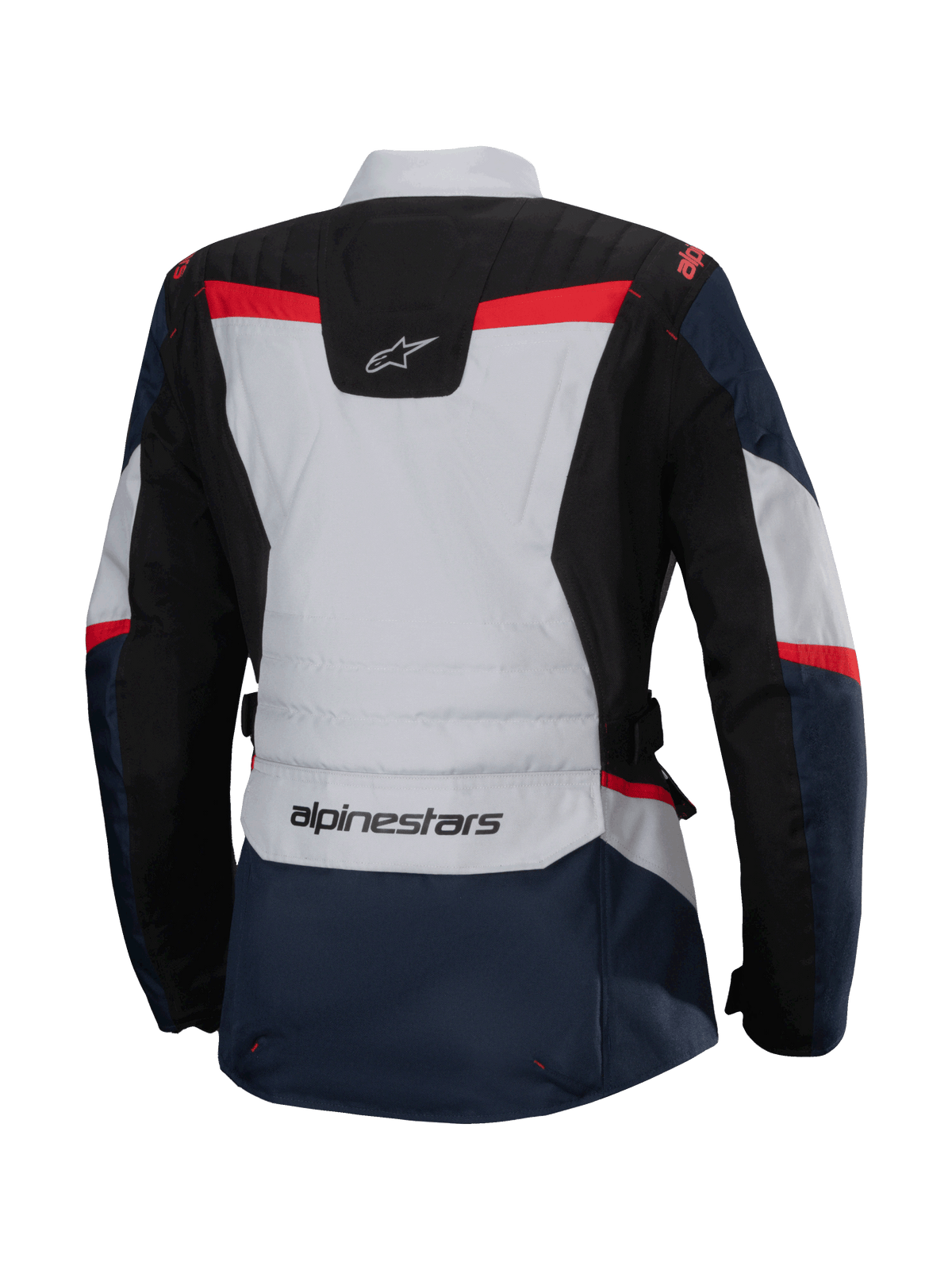 Alpinestars Stella ST-1 Waterproof Jas, achteraanzicht, donkerblauw en zwart met lichtgrijze en felrode accenten, adventure touring damesjas met Alpinestars-branding en ergonomische constructie