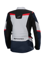 Alpinestars Stella ST-1 Waterproof Jas, achteraanzicht, donkerblauw en zwart met lichtgrijze en felrode accenten, adventure touring damesjas met Alpinestars-branding en ergonomische constructie