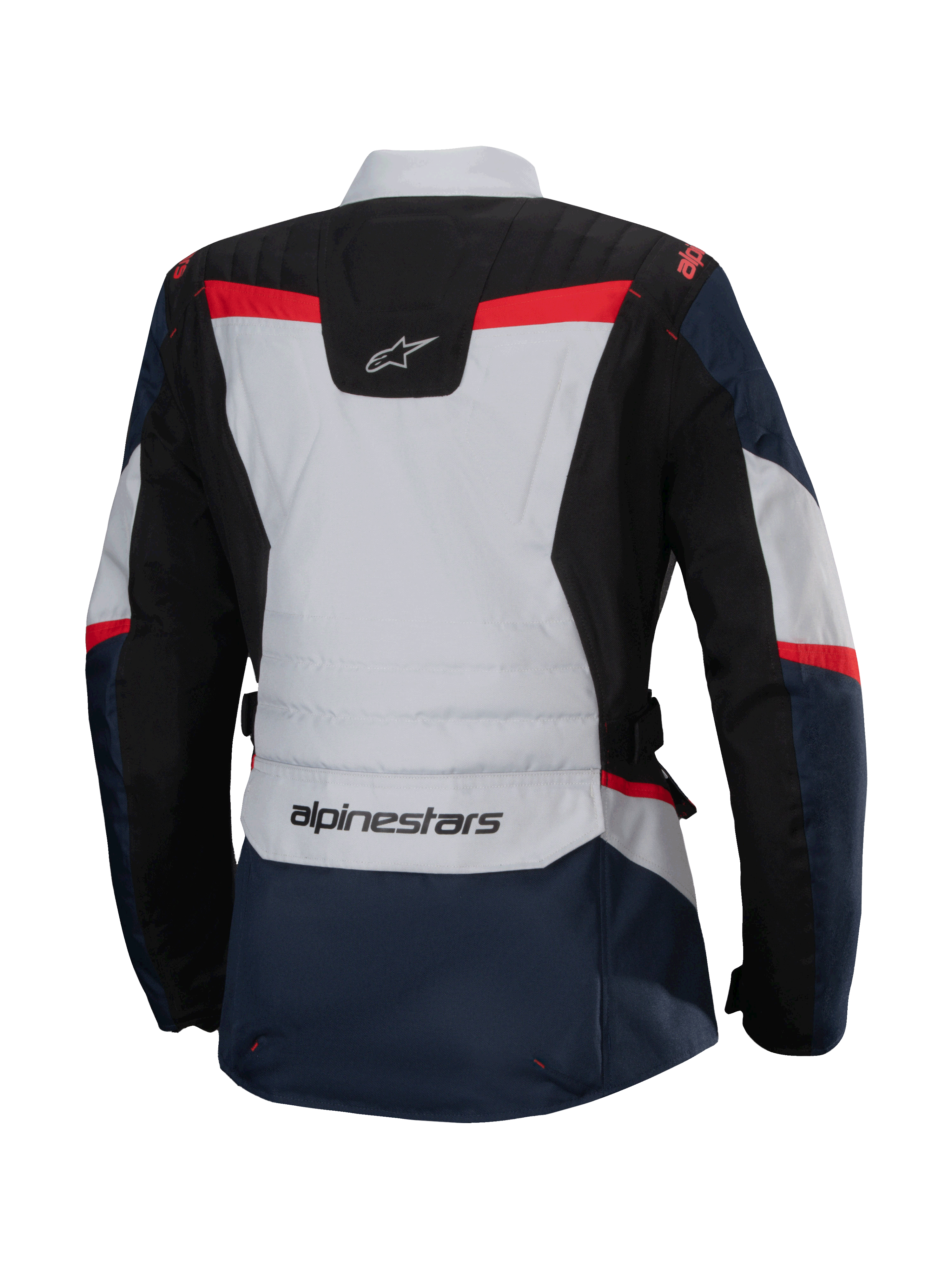 Alpinestars Stella ST-1 Waterproof Jas, achteraanzicht, donkerblauw en zwart met lichtgrijze en felrode accenten, adventure touring damesjas met Alpinestars-branding en ergonomische constructie
