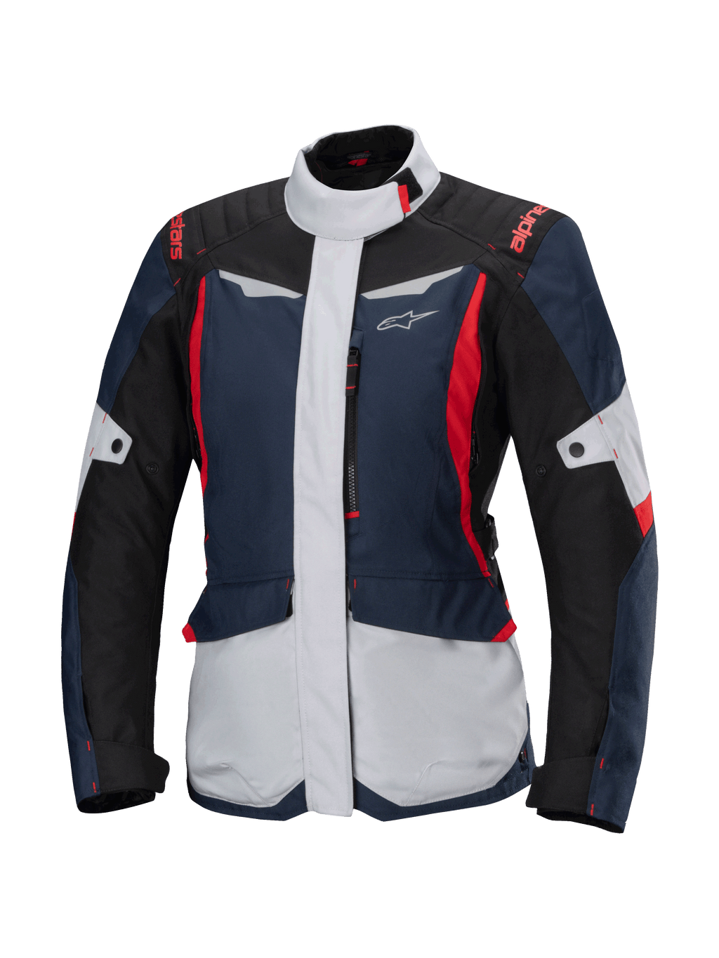 Alpinestars Stella ST-1 Waterproof Jacket, dames motor touring jas, donkerblauw, zwart en helderrood, met lichtgrijze panelen, een hoge kraag, ritssluiting voorzijde en een adventure-geïnspireerd ontwerp met hoekige vormen en cargozakken
