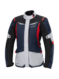 Alpinestars Stella ST-1 Waterproof Jacket, dames motor touring jas, donkerblauw, zwart en helderrood, met lichtgrijze panelen, een hoge kraag, ritssluiting voorzijde en een adventure-geïnspireerd ontwerp met hoekige vormen en cargozakken