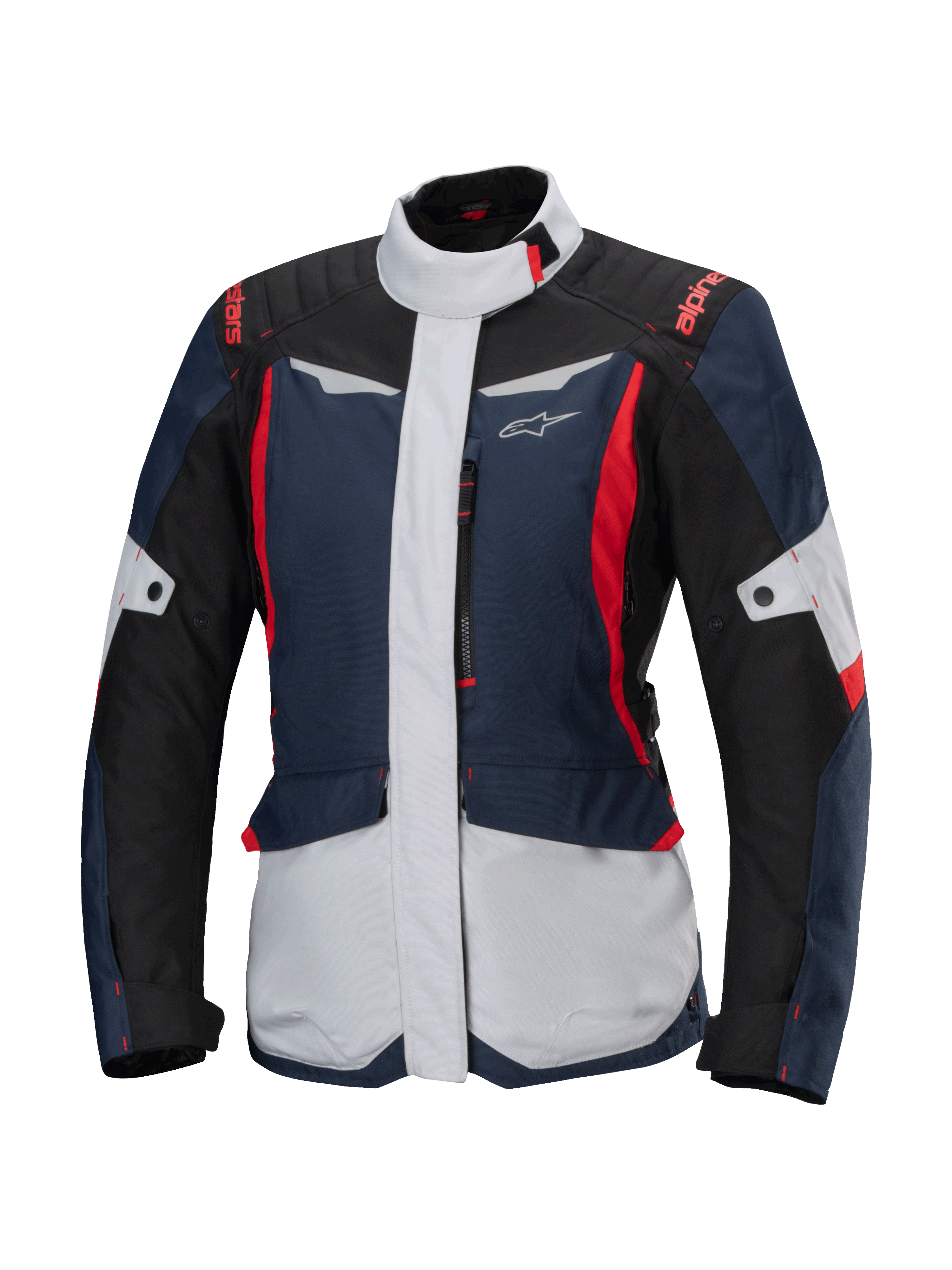 Alpinestars Stella ST-1 Waterproof Jacket, dames motor touring jas, donkerblauw, zwart en helderrood, met lichtgrijze panelen, een hoge kraag, ritssluiting voorzijde en een adventure-geïnspireerd ontwerp met hoekige vormen en cargozakken