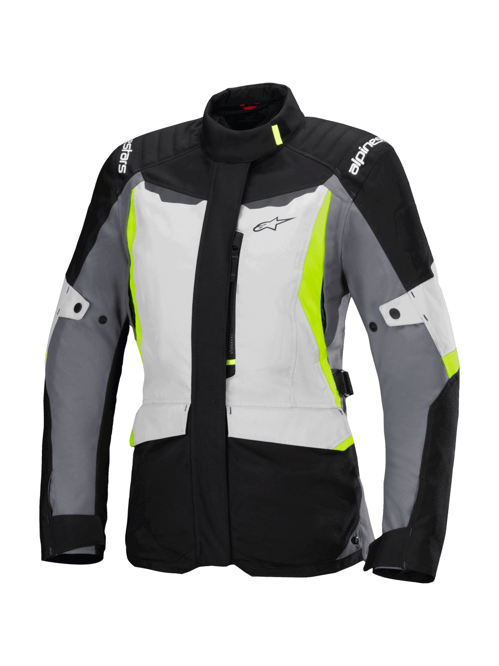 Alpinestars Stella ST-1 Waterproof Jacket, Women's Motorcycle Touring Jacket, Ice Gray, Black, and Fluorescent Yellow, featuring a high collar, front zipper, reinforced shoulders with branding, and adjustable waist straps, adventure touring-inspired design