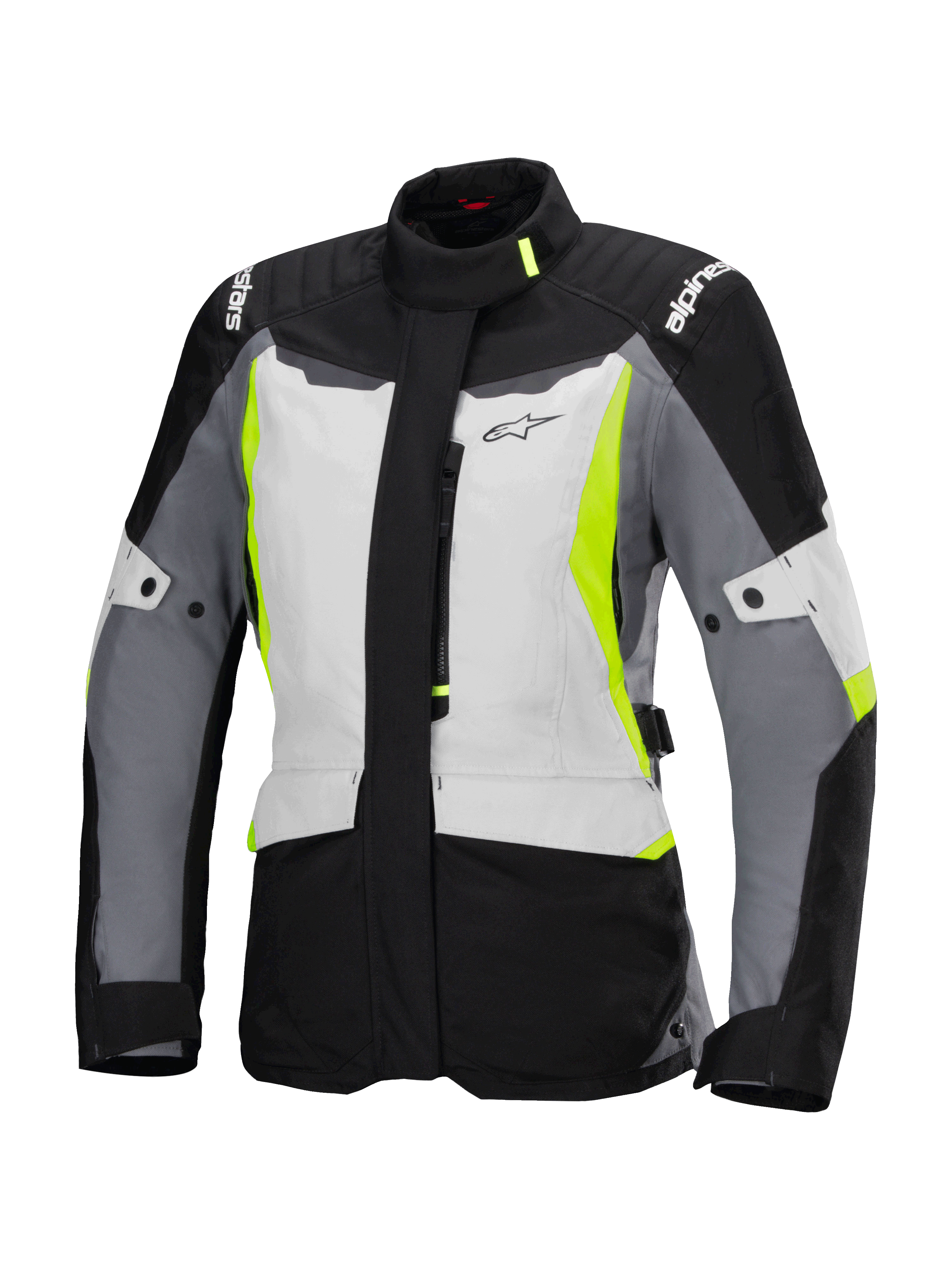 Alpinestars Stella ST-1 Waterproof Jacket, Women's Motorcycle Touring Jacket, Ice Gray, Black, and Fluorescent Yellow, featuring a high collar, front zipper, reinforced shoulders with branding, and adjustable waist straps, adventure touring-inspired design