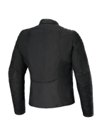 Alpinestars Isla WR Damesjas, achteraanzicht, zwart, slim fit urban motorjas met gewatteerde schouder- en onderarmdetails, mat afgewerkte waterafstotende stof, getailleerd vrouwelijk ontwerp met een verlengd rugprofiel voor rijcomfort