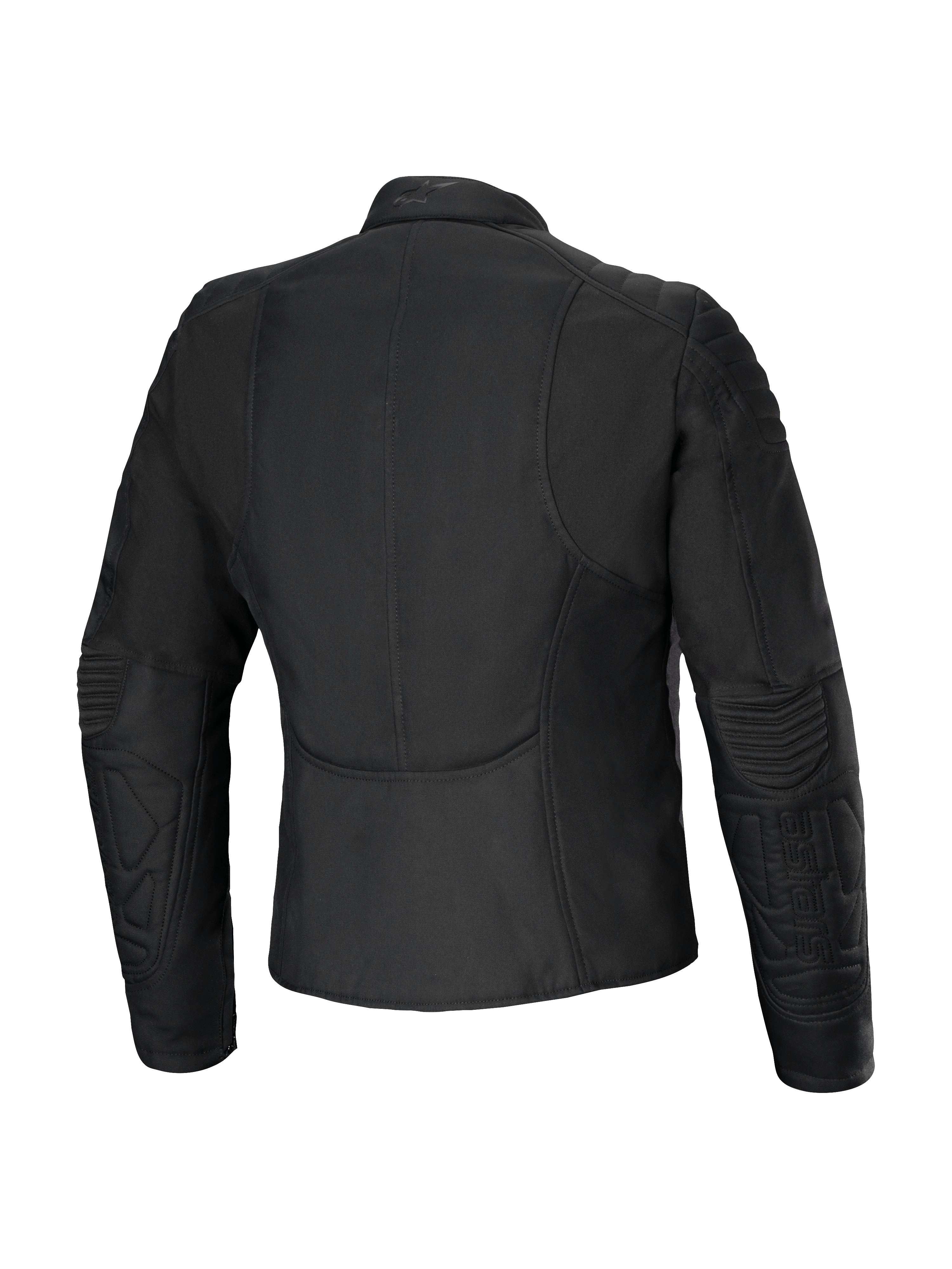 Alpinestars Isla WR Damesjas, achteraanzicht, zwart, slim fit urban motorjas met gewatteerde schouder- en onderarmdetails, mat afgewerkte waterafstotende stof, getailleerd vrouwelijk ontwerp met een verlengd rugprofiel voor rijcomfort