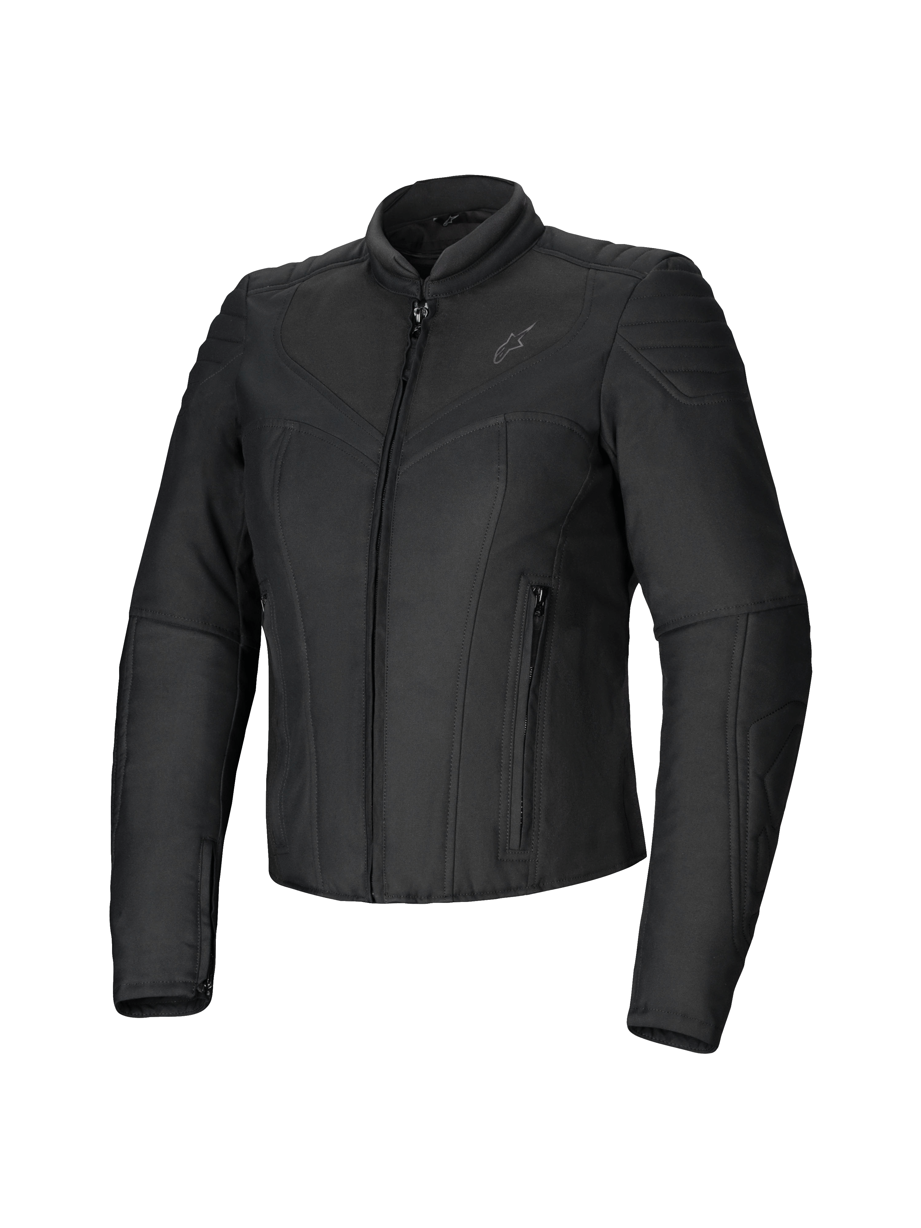 Alpinestars Isla WR damesjas, zwart, slim-fit textiel motorjas, matte afwerking met gewatteerde accenten op de schouders en onderarmen, ritssluiting aan de voorzijde, twee ritszakken, hoge motorkraag, eigentijdse urban motorkleding