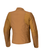Alpinestars Isla WR damesjas, urban motorjas, Utility Brown Light Gold, achteraanzicht met gewatteerde schouder- en elleboogversteviging, getailleerde vrouwelijke pasvorm met ergonomische stretchpanelen, waterafstotend textiel met matte afwerking