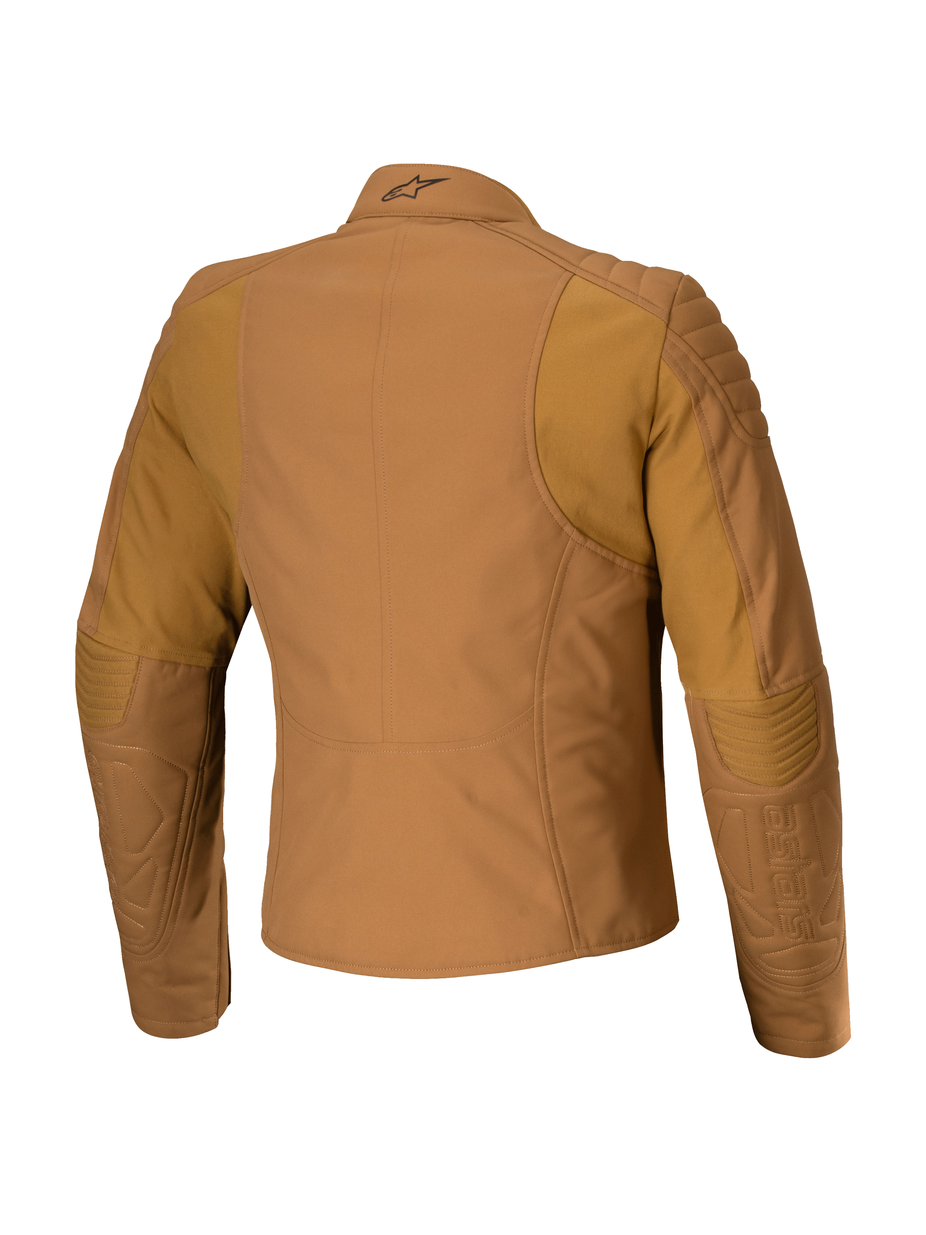 Alpinestars Isla WR damesjas, urban motorjas, Utility Brown Light Gold, achteraanzicht met gewatteerde schouder- en elleboogversteviging, getailleerde vrouwelijke pasvorm met ergonomische stretchpanelen, waterafstotend textiel met matte afwerking