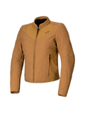 Alpinestars Isla WR damesjas, Utility Brown Light Gold, bruine dames motorjas, slanke getailleerde pasvorm, hoge biker kraag, gewatteerde schouderdetails, ritssluiting aan de voorzijde met zijzakken, technische stedelijke motoruitrusting