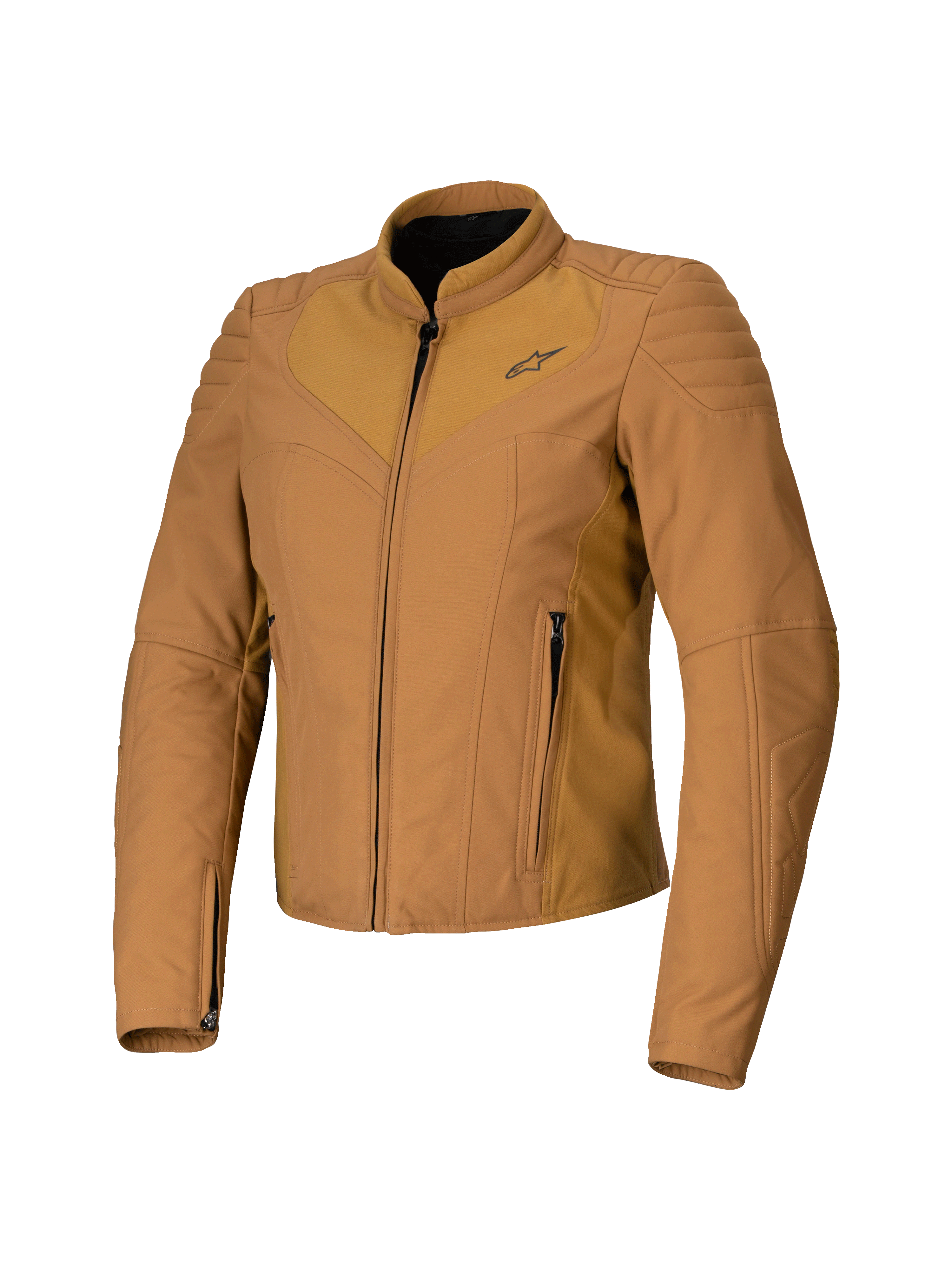 Alpinestars Isla WR damesjas, Utility Brown Light Gold, bruine dames motorjas, slanke getailleerde pasvorm, hoge biker kraag, gewatteerde schouderdetails, ritssluiting aan de voorzijde met zijzakken, technische stedelijke motoruitrusting
