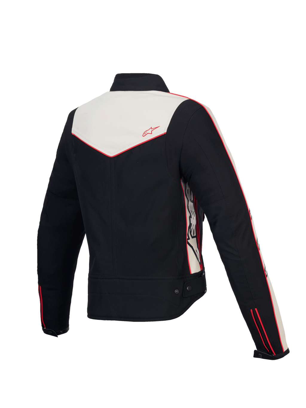 Alpinestars Stella T-Dyno Water Resistant Jacket, Women's Motorcycle Textile Jacket, back view showing vintage-inspired biker fit, Black, Ecru and Bright Red, CE certified protection