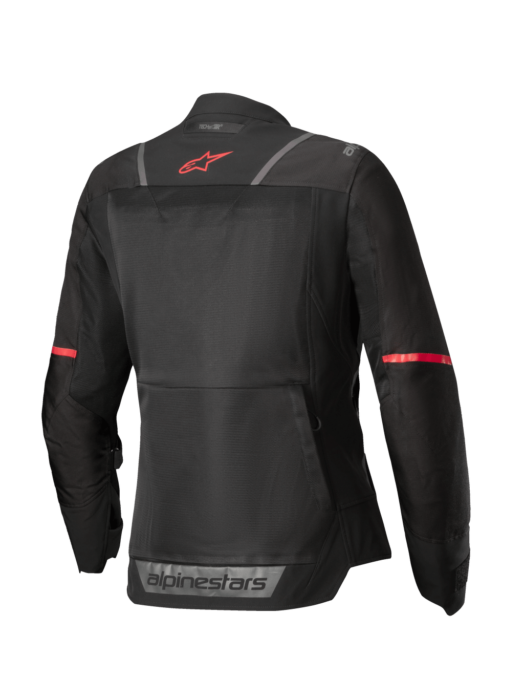 Alpinestars Stella ST-2 Air jas, dames motorjas, achteraanzicht in zwart met rode accenten en reflecterende details, CE-gecertificeerde mesh textielconstructie