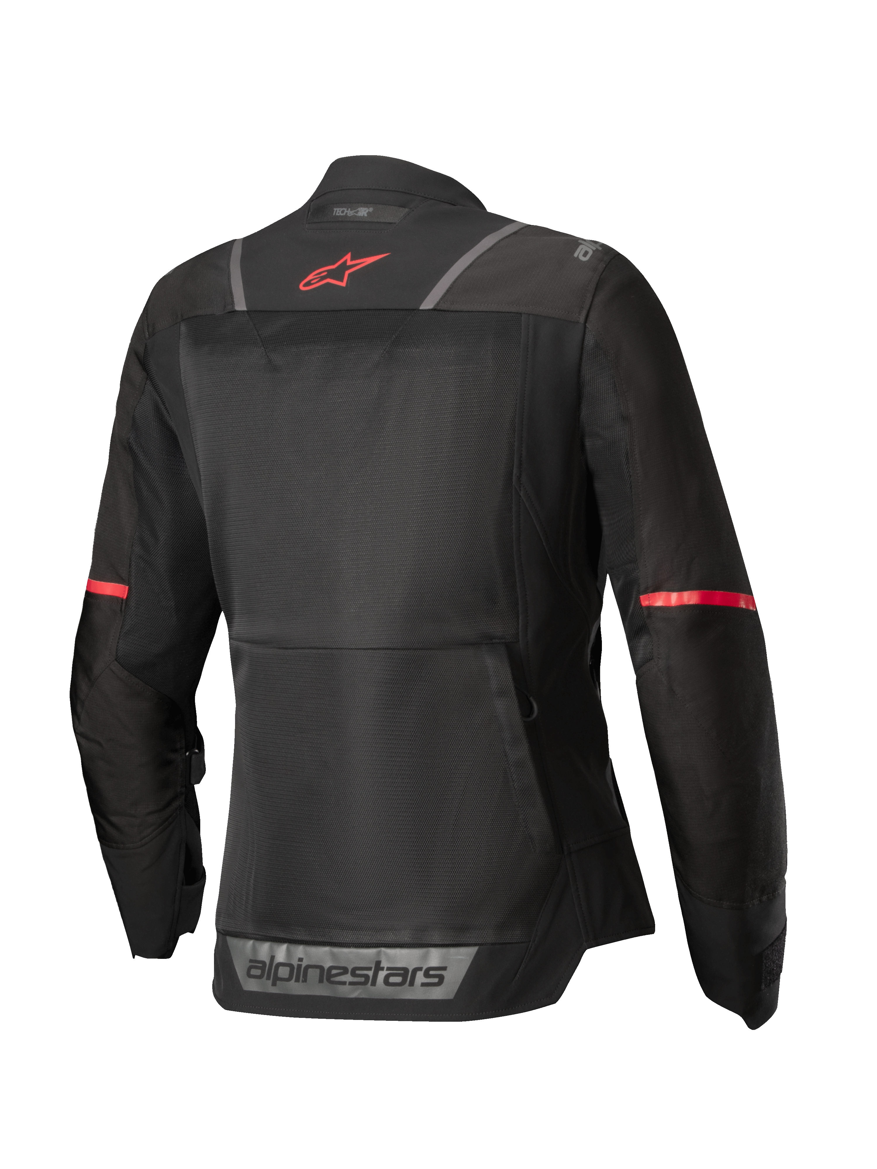 Alpinestars Stella ST-2 Air jas, dames motorjas, achteraanzicht in zwart met rode accenten en reflecterende details, CE-gecertificeerde mesh textielconstructie