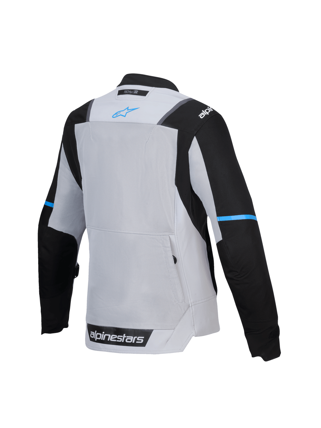 Alpinestars Stella ST-2 Air Jas, damestextielmotorjas voor touring, achteraanzicht met mesh ventilatiepaneel en achterzak, ijsgrijs en zwart met blauwe branding, CE-gecertificeerd level AA, Tech-Air ready