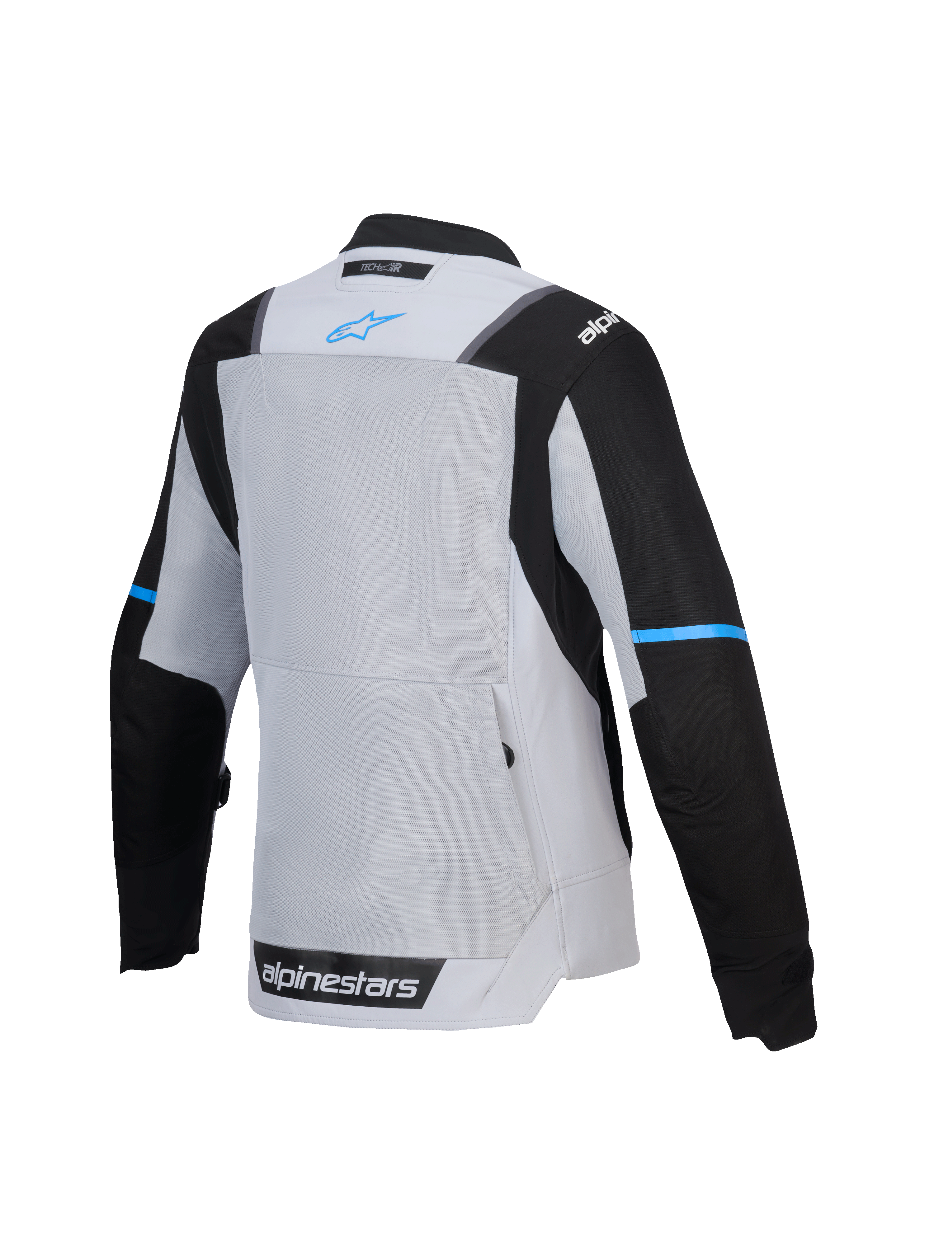 Alpinestars Stella ST-2 Air Jas, damestextielmotorjas voor touring, achteraanzicht met mesh ventilatiepaneel en achterzak, ijsgrijs en zwart met blauwe branding, CE-gecertificeerd level AA, Tech-Air ready